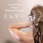 Urtekram Fine Hair Rosemary Shampoo, shampoo bottle packaging, rosemary fragrance, 250ml, hair washing directions