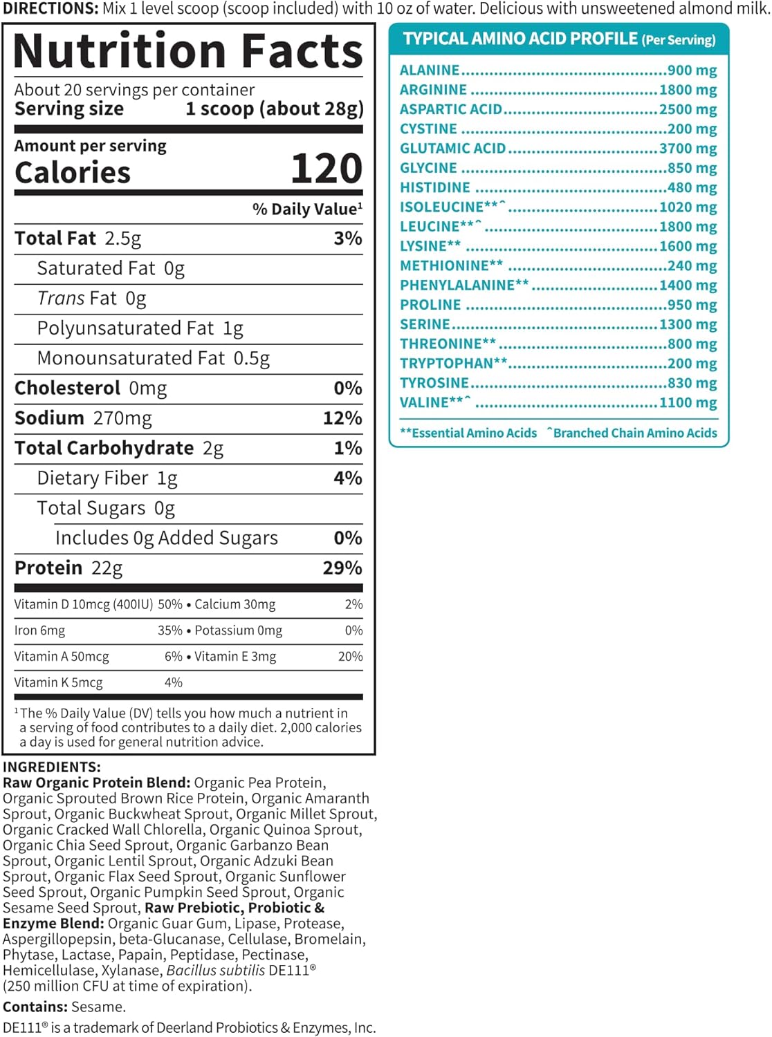 Garden of Life Raw Organic Vegan Protein Powder supplement facts label tub 560g