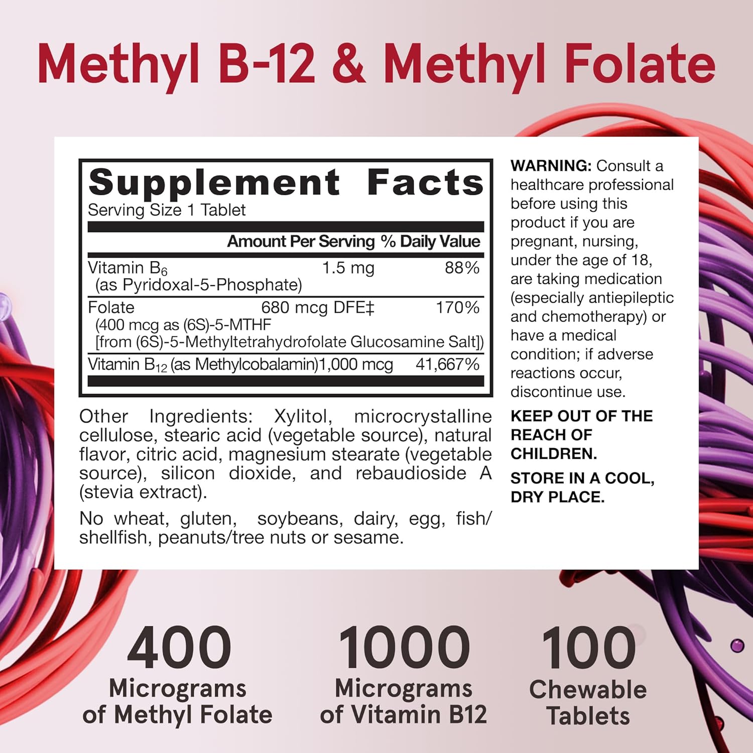 Supplement Facts Image: Jarrow Formulas Methyl B-12 1000mcg and folate 400mcg supplement facts ingredients chewable tablets 100 count