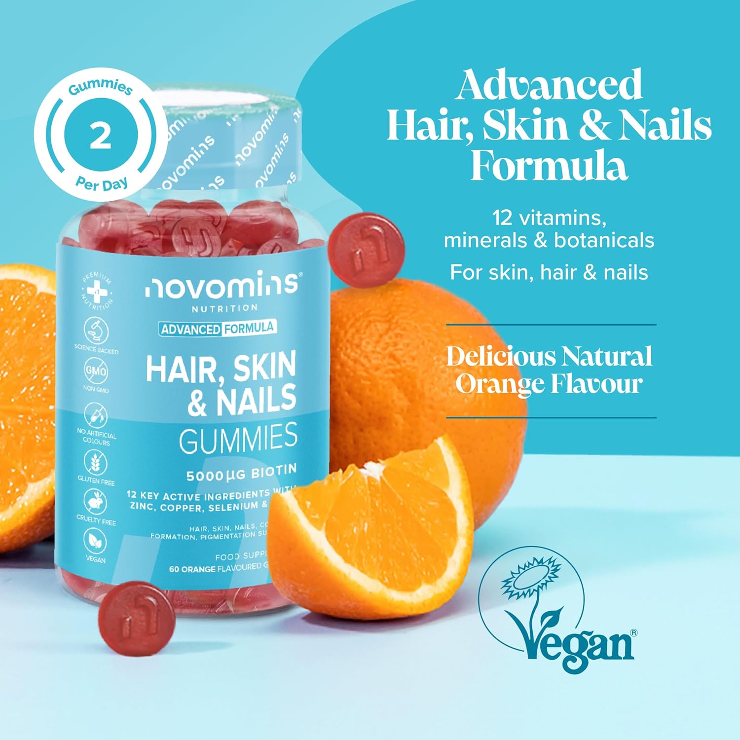 Novomins Hair Skin Nails Gummies Orange 60 Count 2 per day orange flavour supplement