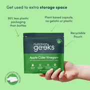 Nutrition Geeks Apple Cider Vinegar+ 15000mg, vegan food supplement capsule packaging, no flavour, 90 capsules, directions for use
