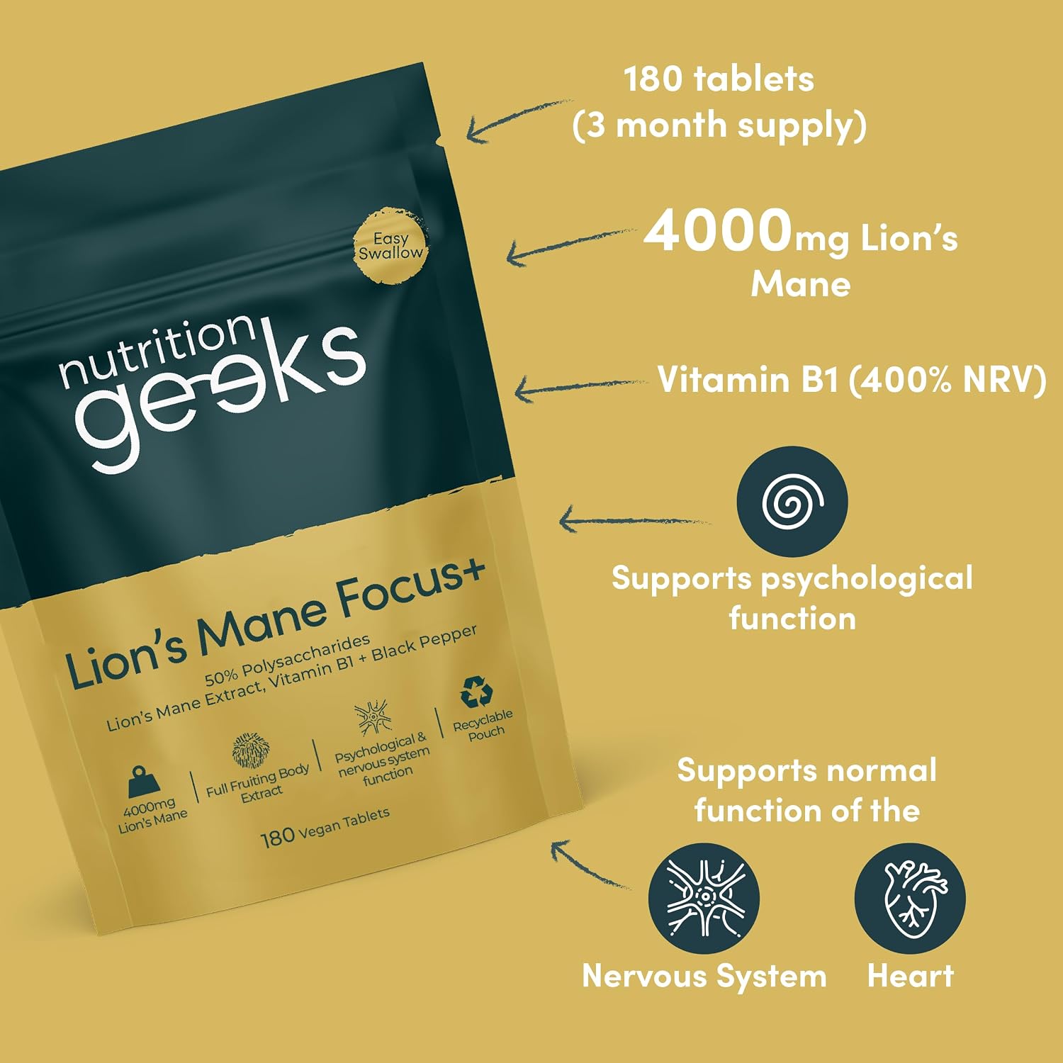 Nutrition Geeks Lion's Mane Focus+ 4000mg, vegan food supplement tablet packaging, no flavour, 180 tablets, daily supplement use