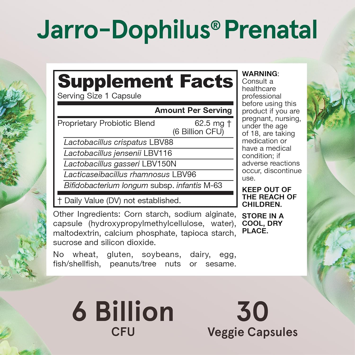 Supplement Facts Image: Jarrow Formulas Jarro-Dophilus Prenatal 6 billion CFU probiotic supplement facts and ingredients 30 count