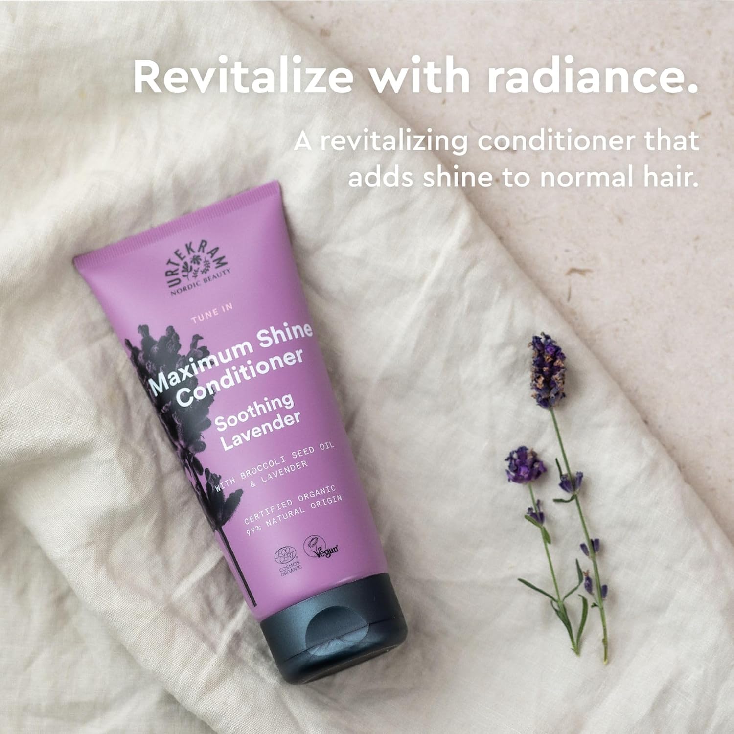Urtekram Maximum Shine Lavender Conditioner tube, lavender scent, 180ml, hair care use