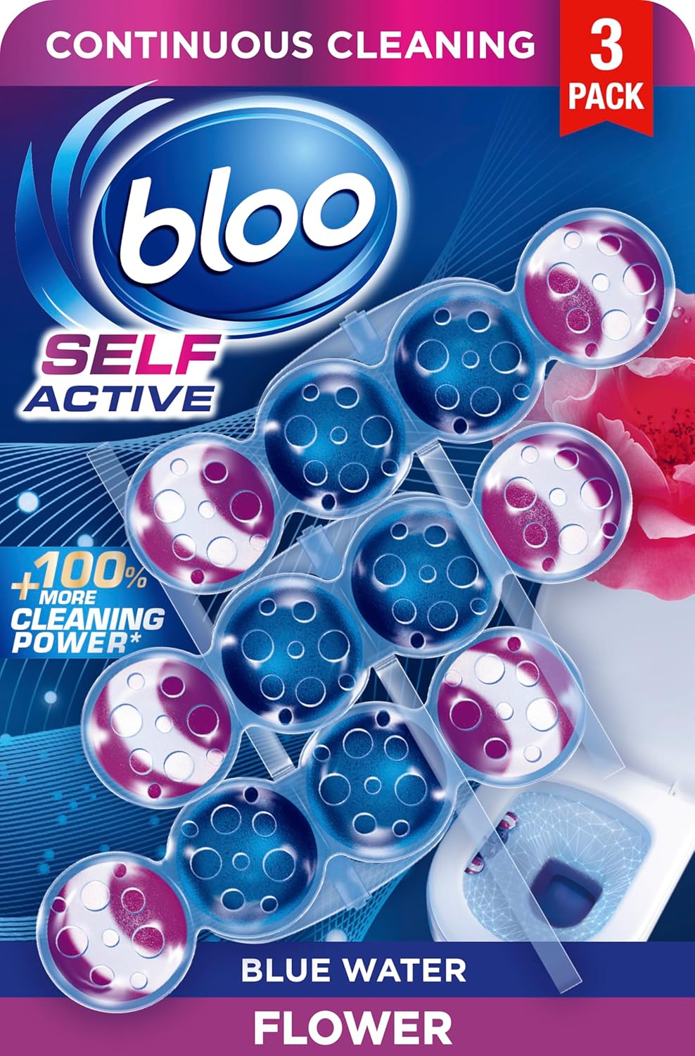 Bloo Self Active Blue Water Flower Toilet Rim Block pack 3 x 50g floral toilet cleaner
