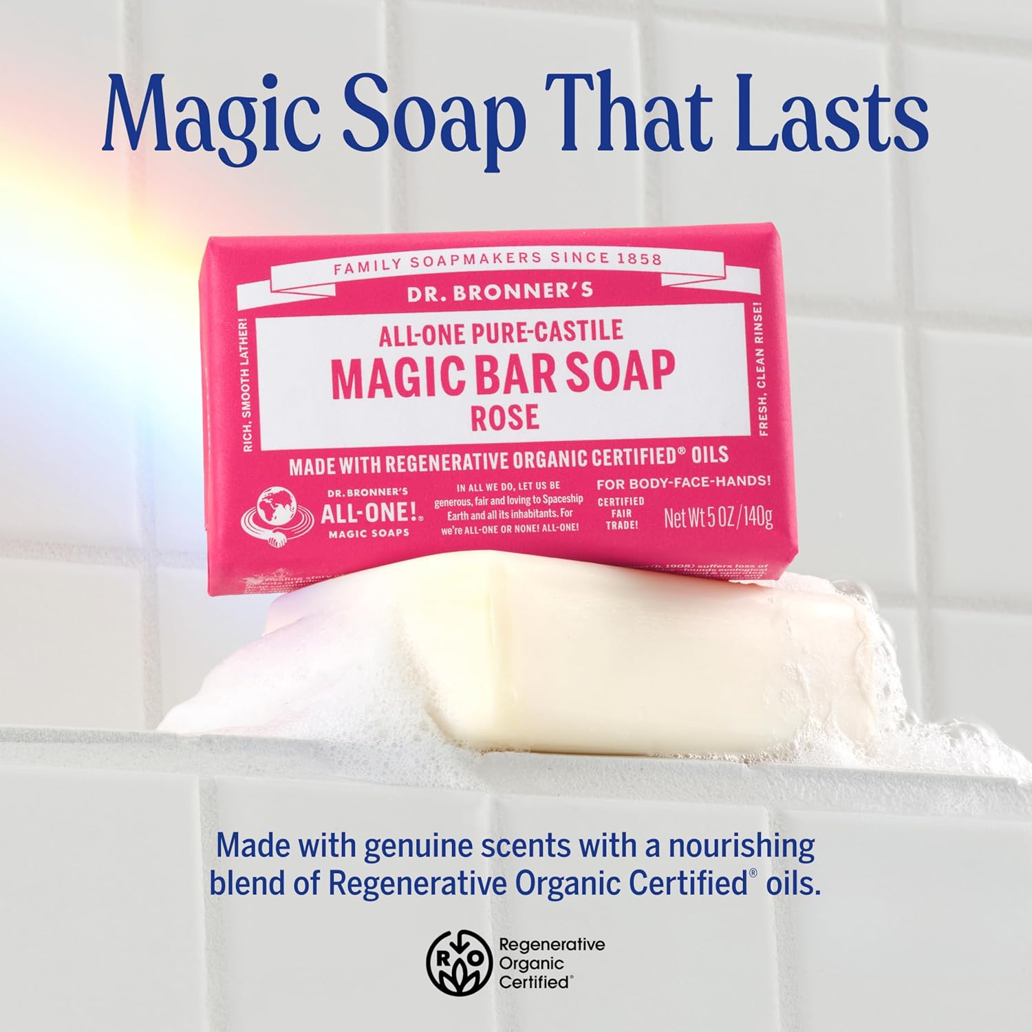 Dr. Bronner's Rose Pure-Castile Soap Bar 140g for face, body, and hands