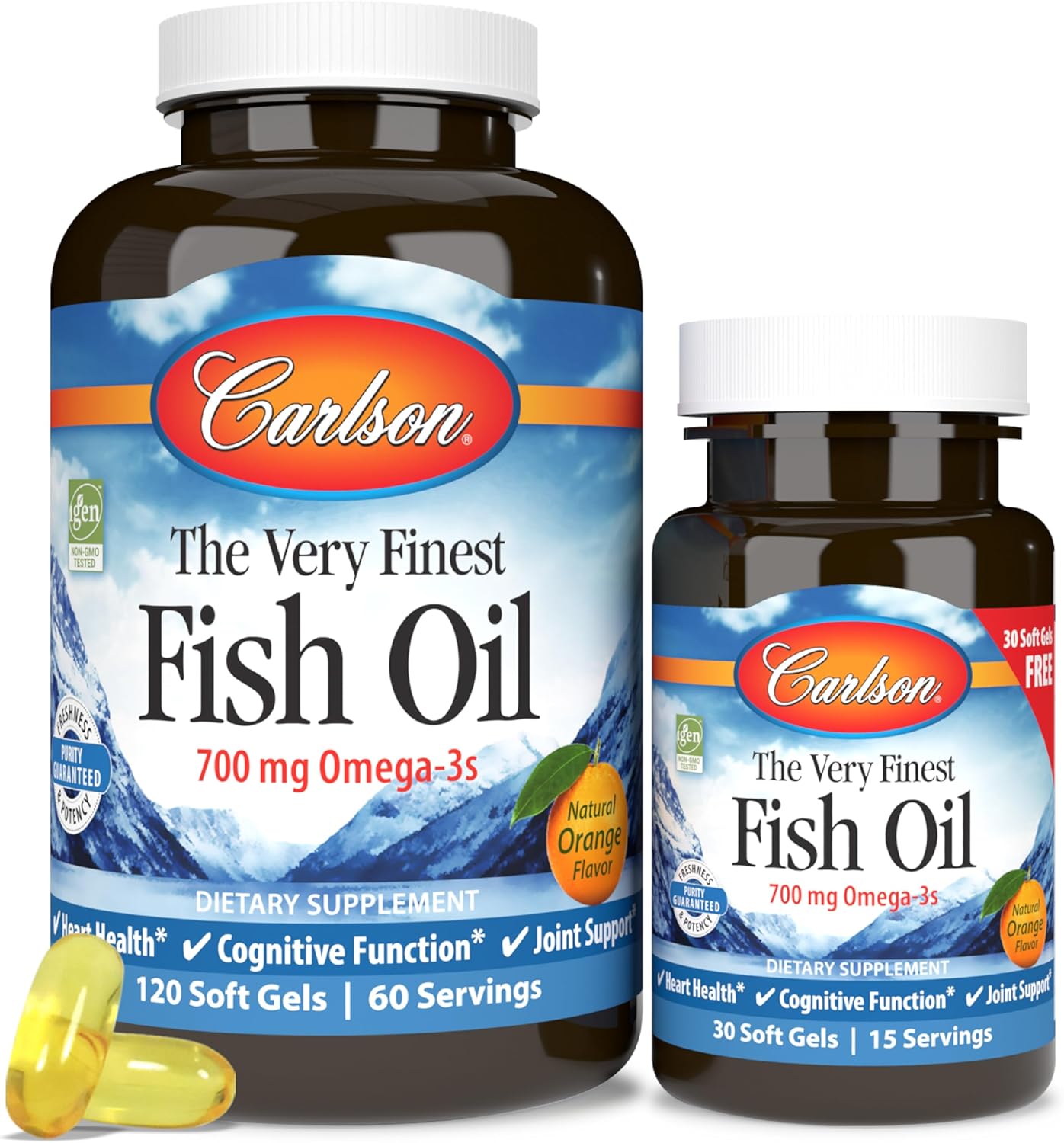 Front image: Carlson Very Finest Fish Oil 700 mg omega 3 softgels bottle 150 count orange