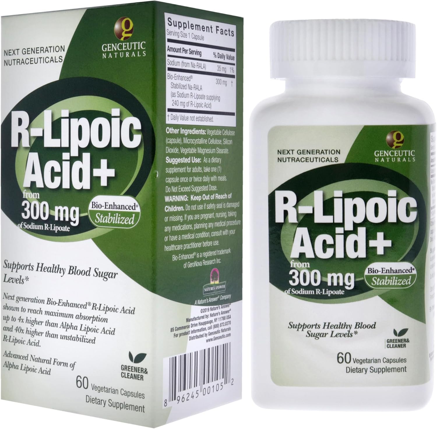 Genceutic Naturals R-Lipoic Acid 300mg capsules bottle & box front label 60 capsules