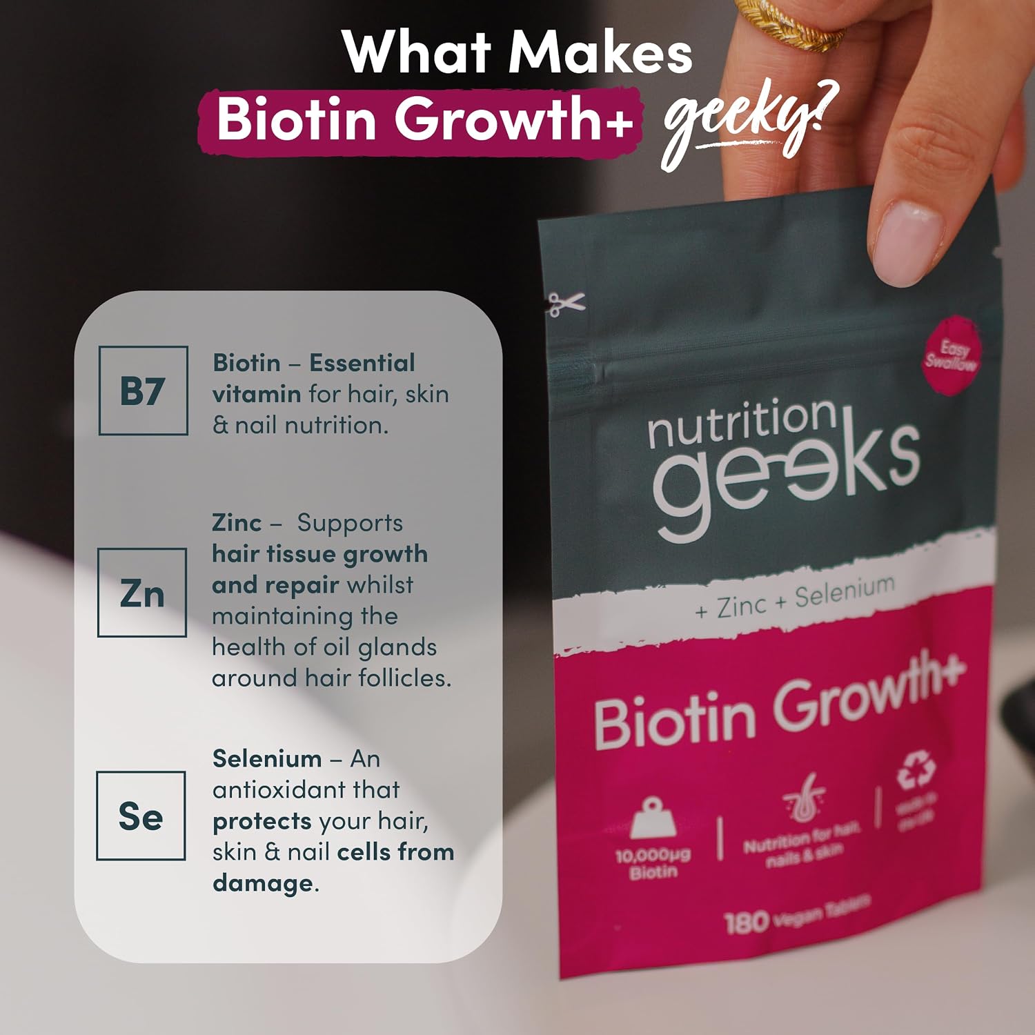 Nutrition Geeks Biotin Growth+ 10000mcg, vegan food supplement tablet packaging, no flavour, 180 tablets, daily supplement use