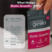 Nutrition Geeks Biotin Growth+ 10000mcg, vegan food supplement tablet packaging, no flavour, 180 tablets, daily supplement use