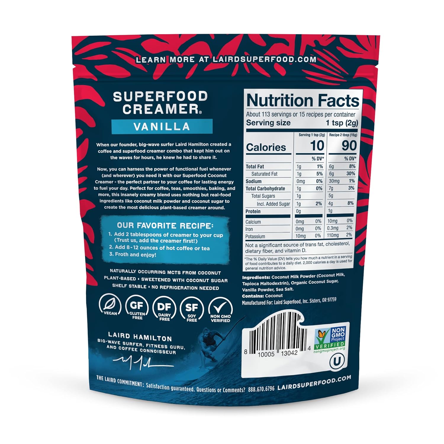 Laird Superfood non-dairy coffee creamer vanilla ingredients, barcode and nutrition facts label 227g on white background