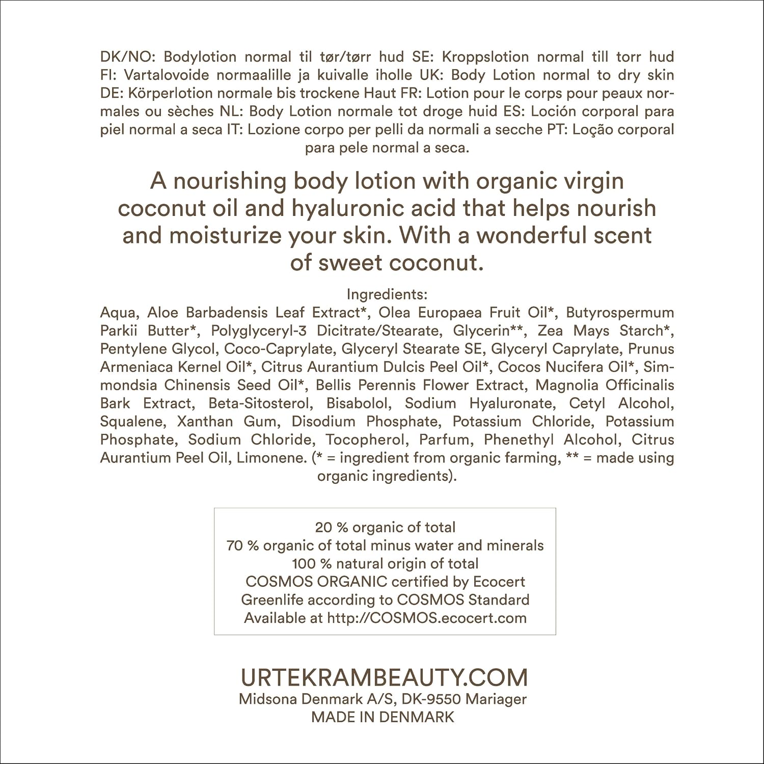 Urtekram Nourishing Coconut Body Lotion 245ml bottle ingredients
