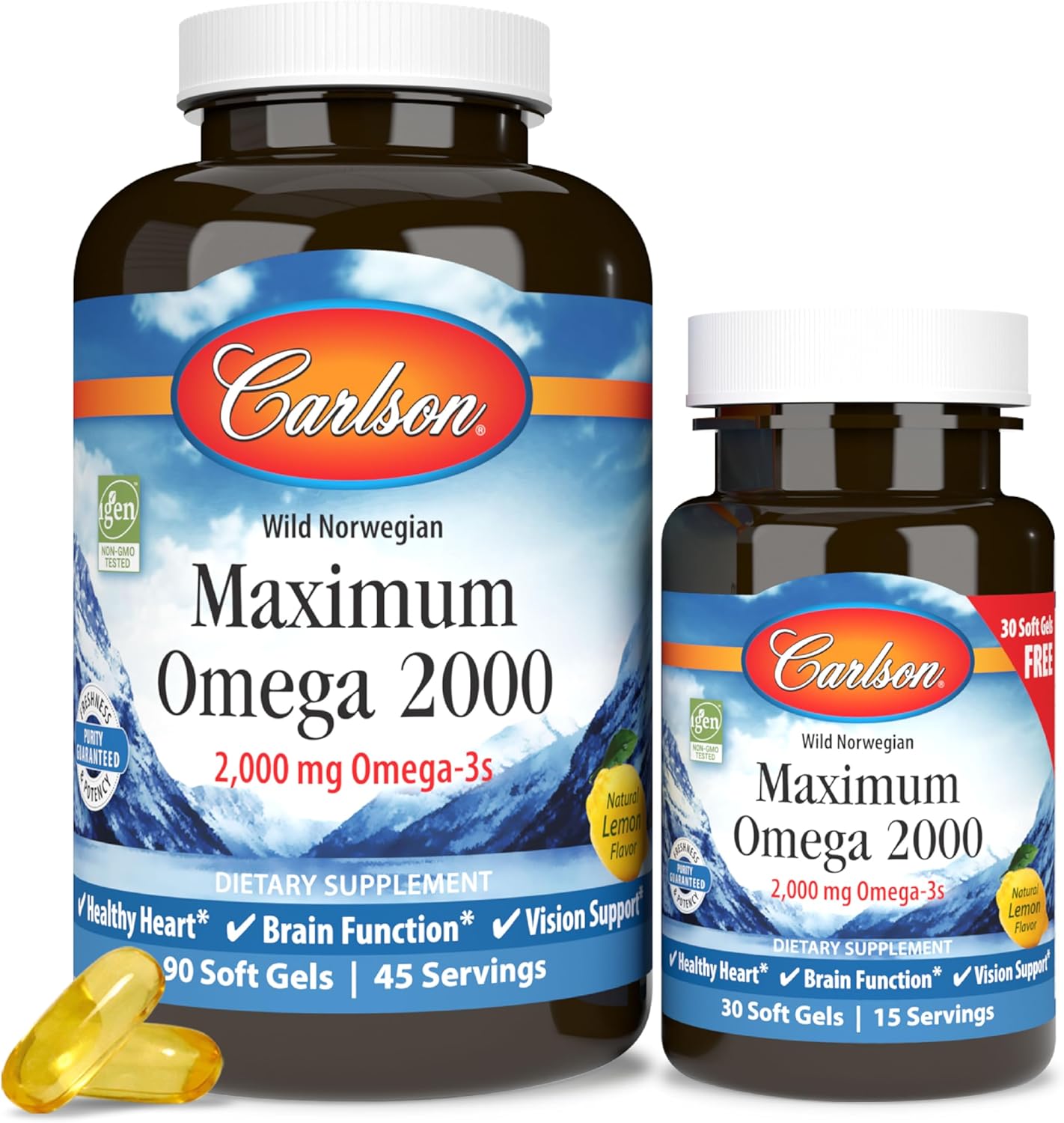 Front image: Carlson Maximum Omega 2000 fish oil lemon softgels omega 3 120 bottle