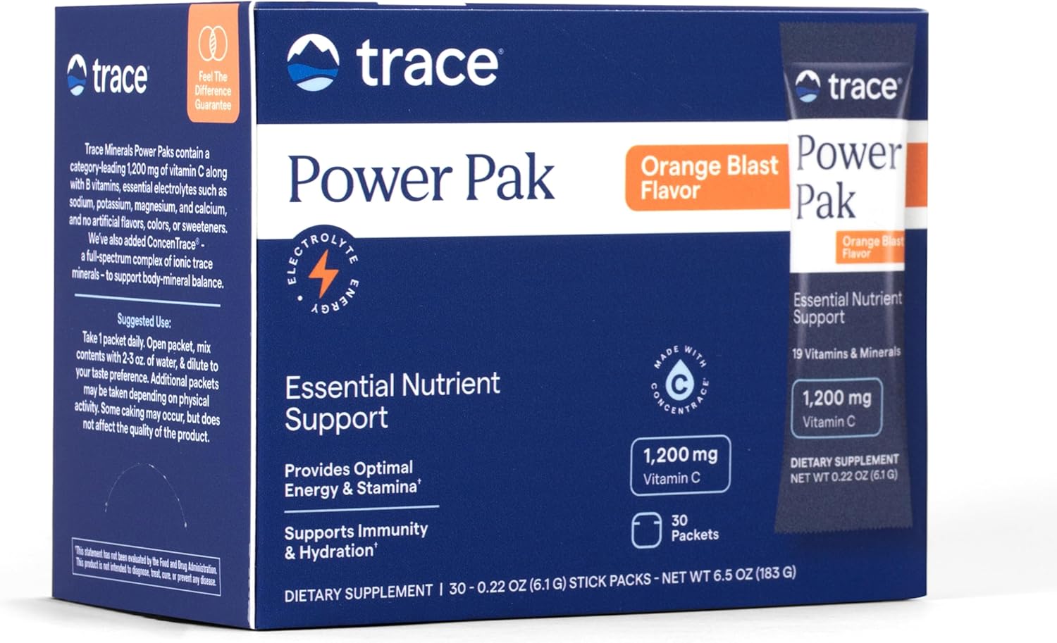 Front Image: Trace Minerals Power Pak Orange Blast powder packets box 30 count