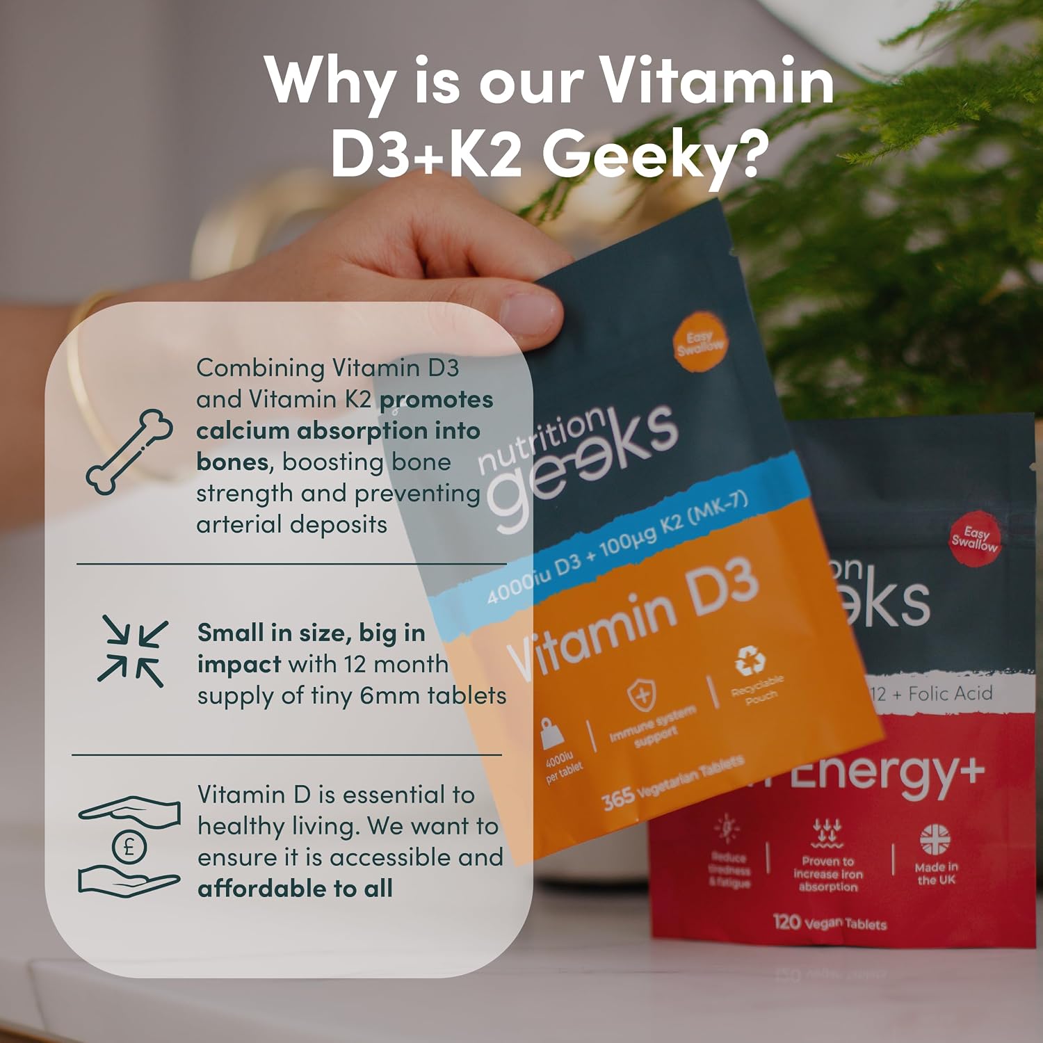 Nutrition Geeks Vitamin D3 + K2 4000IU, vegetarian food supplement tablet packaging, no flavour, 365 tablets, daily vitamin supplement use