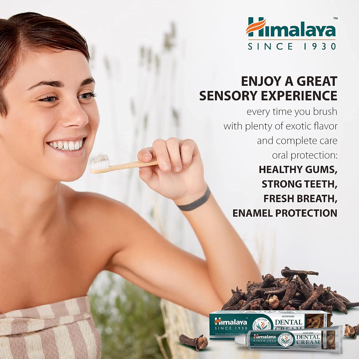 Himalaya Ayurvedic Dental Cream with Clove Oil, toothpaste tube packaging, clove flavour, 100g, tooth brushing directions