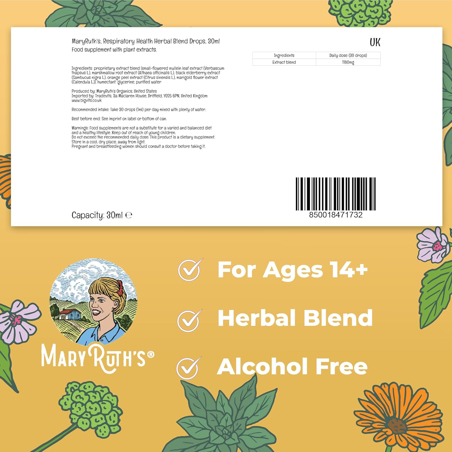 MaryRuth’s Organic herbal blend liquid drops bottle barcode 30ml quantity