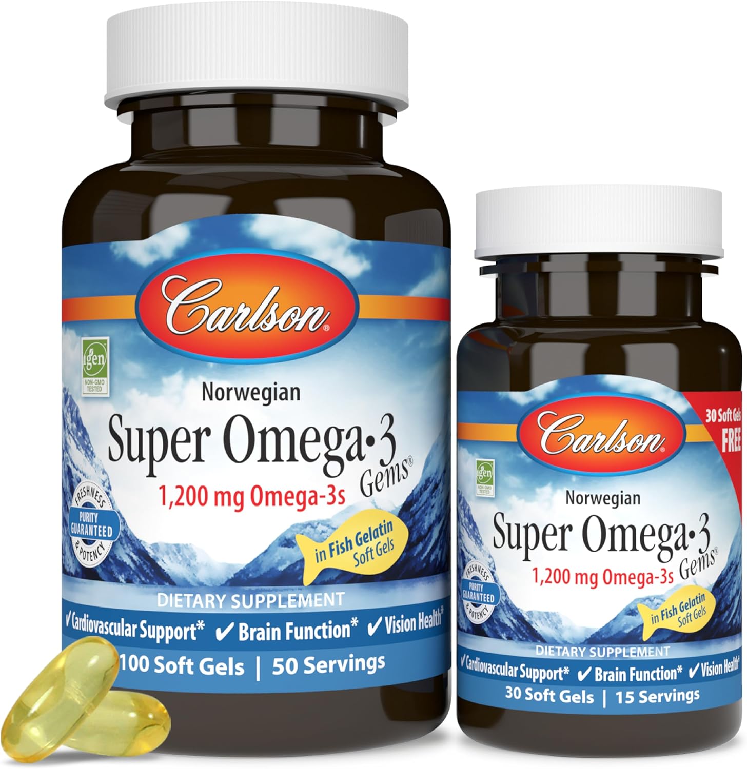 Front image: Carlson Super Omega 3 Gems 1200 mg fish gelatin softgels bottle 130 count