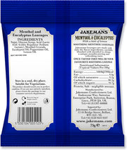 Jakemans Menthol & Eucalyptus Lozenges, bag packaging, menthol and eucalyptus flavour, 73g, ingredients information & barcode