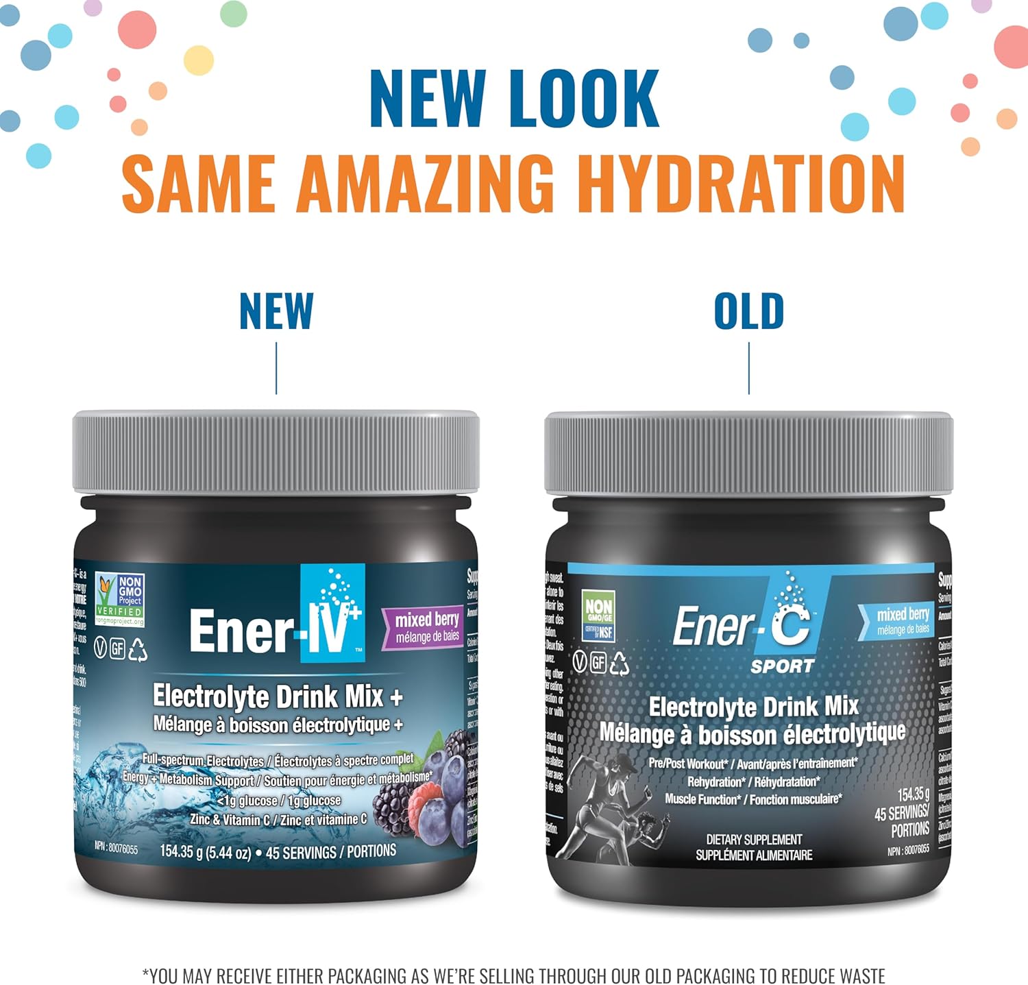Ener-IV Electrolyte Drink Mix Powder Mixed Berry – 154.35g. Old & new packaging.