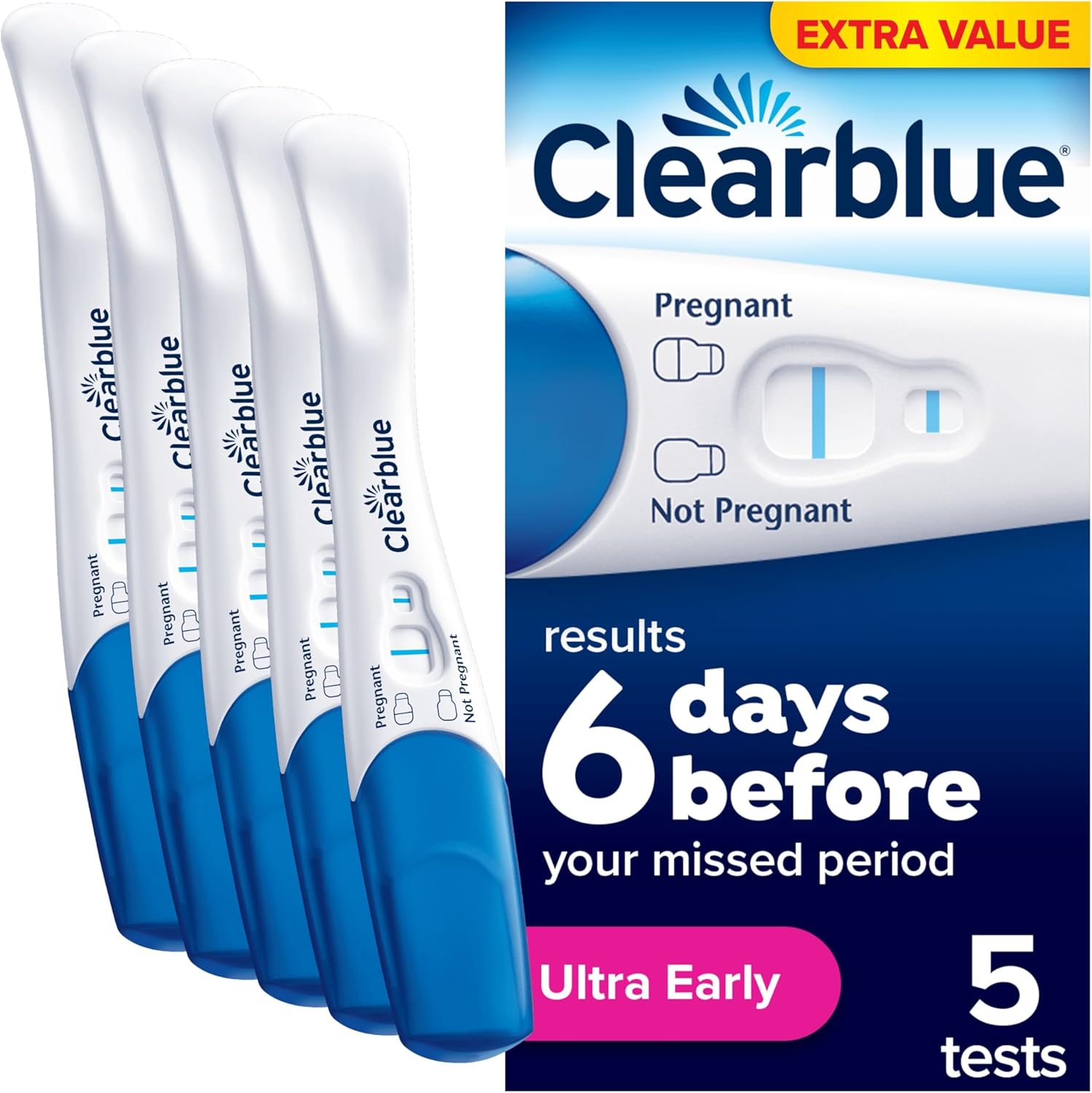 Front image: Clearblue Ultra Early Advanced pregnancy test kit 5 pack box packaging