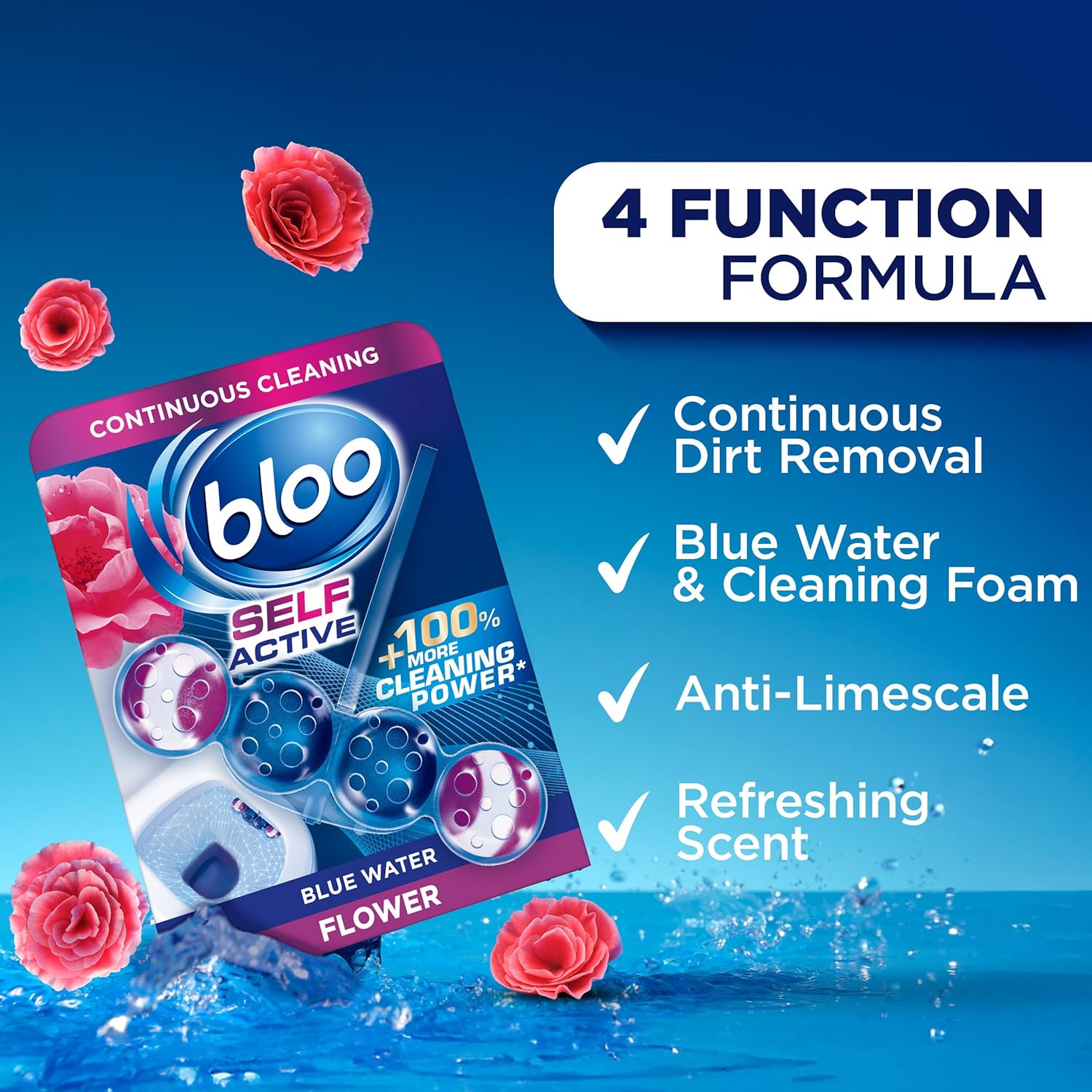 Bloo Self Active Blue Water Flower Toilet Rim Block information and cleaning formula 3 x 50g