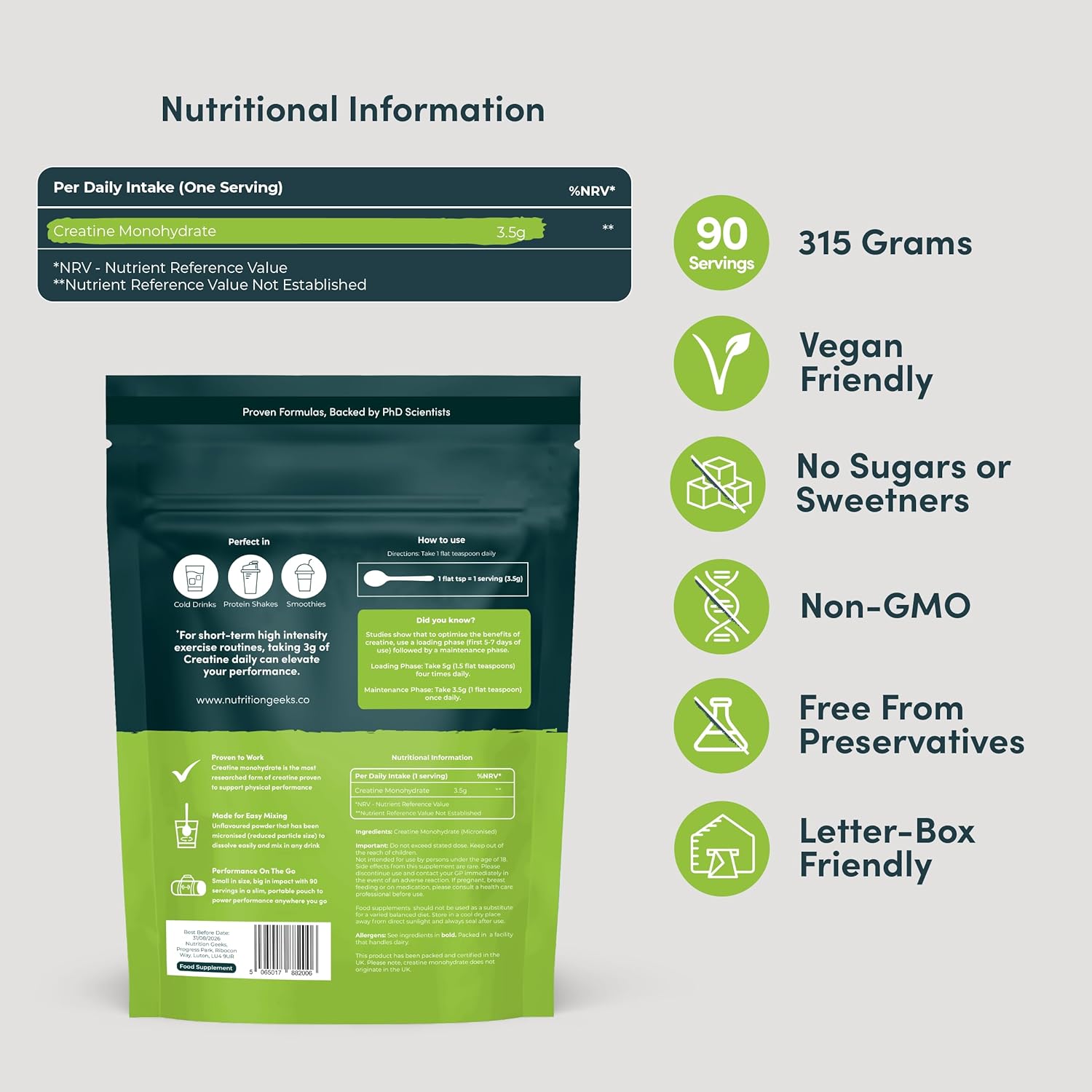Nutrition Geeks Pure Creatine Monohydrate Powder, supplement pouch packaging, Unflavoured, 315g, ingredients and nutritional information & barcode