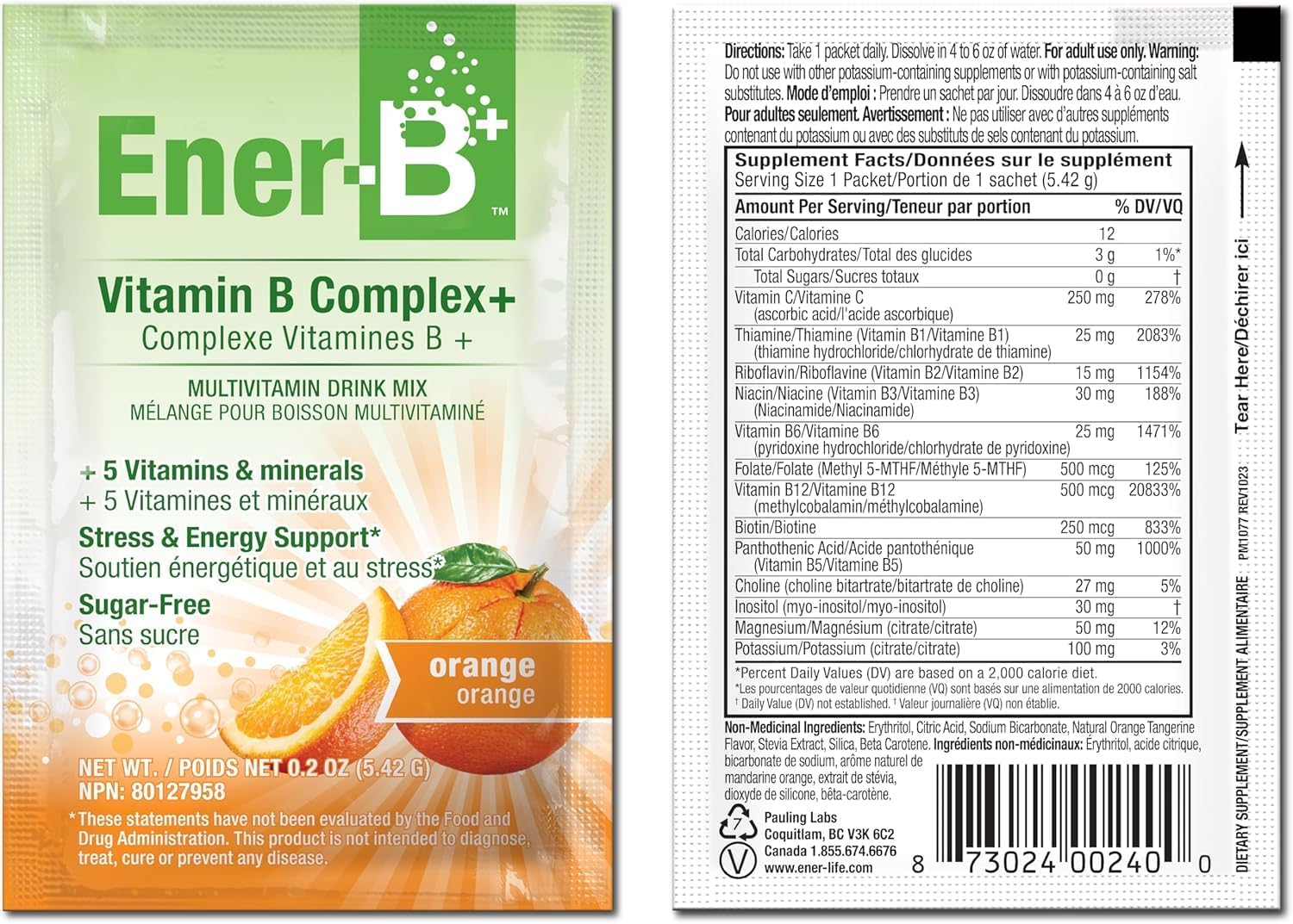 Ener-B+ Sugar Free Orange vitamin B powder mix front label 5.42g sachets with barcode