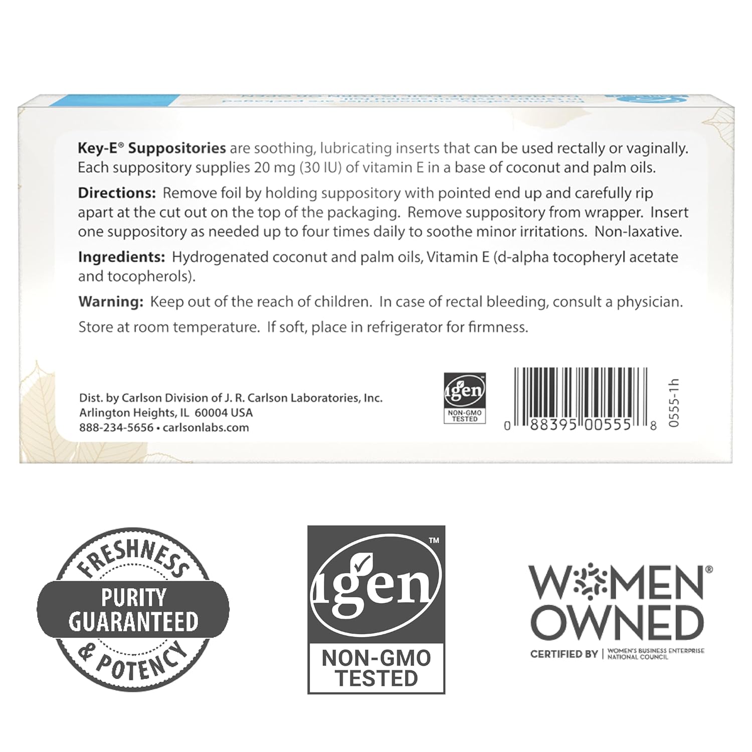 Barcode image & Directions: Carlson Key E suppositories 30 IU vitamin E barcode pack 12 count