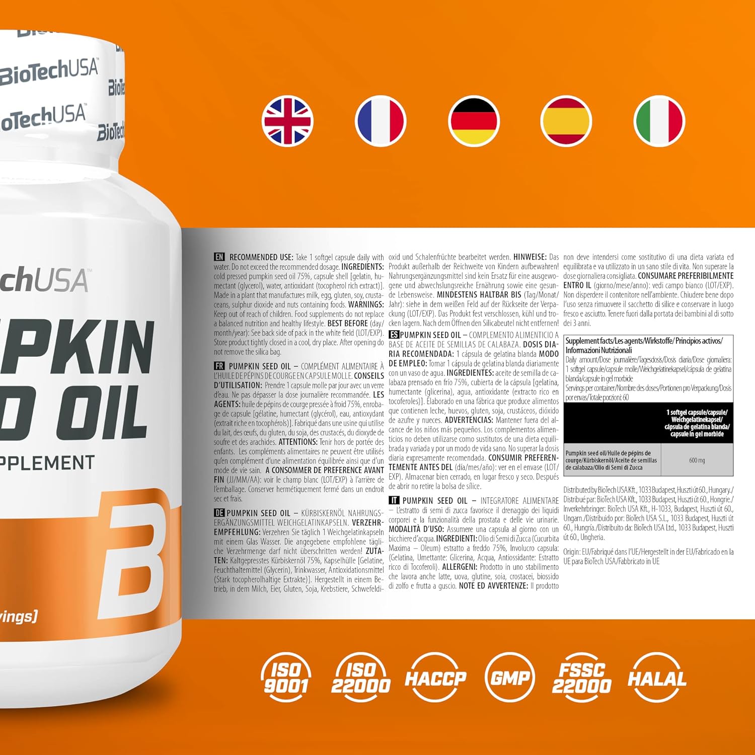 BioTechUSA Pumpkin Seed Oil 600mg - 60 Softgels