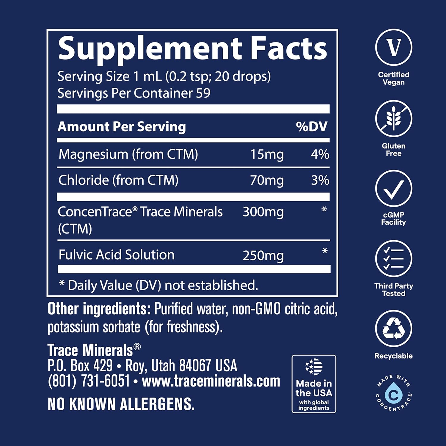 Supplement Facts Image: Trace Minerals Ionic Fulvic Acid supplement facts ingredients liquid bottle 59ml