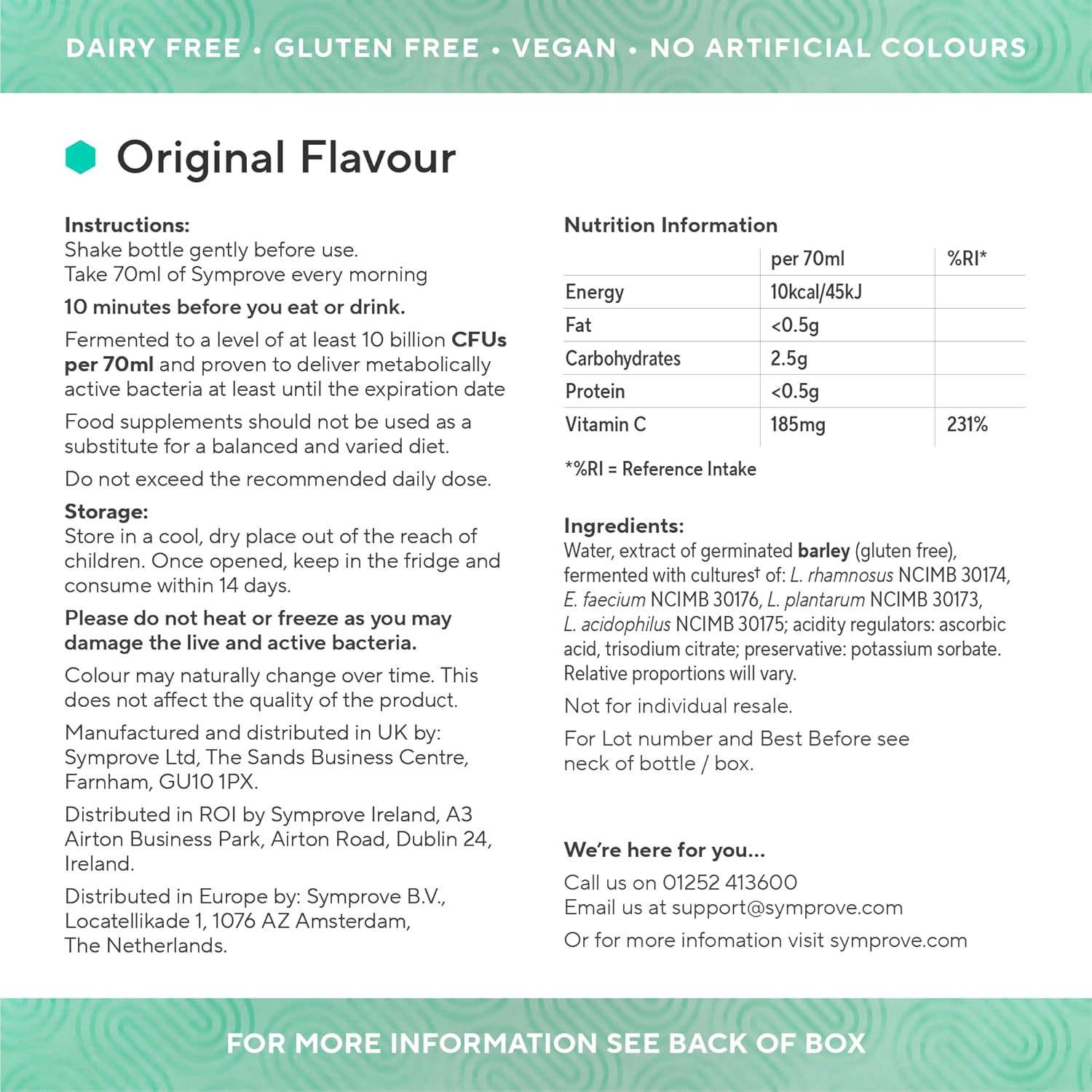 Symprove Liquid Probiotic Original Flavour 4 x 500ml nutritional info ingredients instructions panel