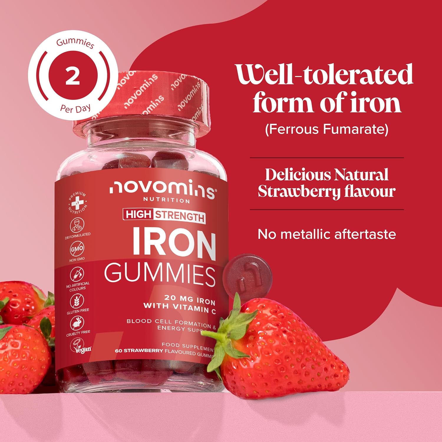 Novomins Iron Gummies 20mg with Vitamin C Strawberry 60 Count natural strawberry flavour 2 per day gummies