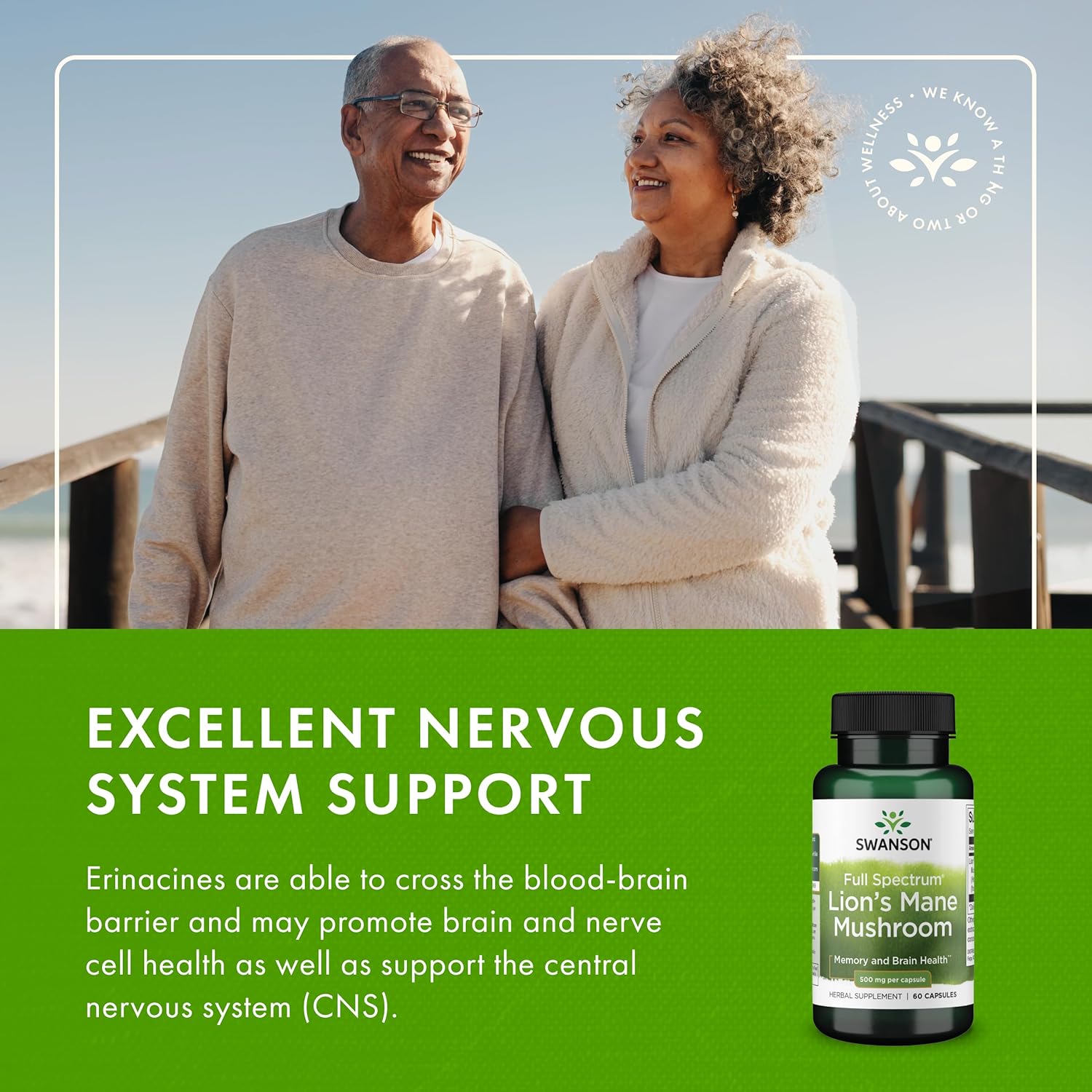 Couple standing together with a bottle of Swanson Lion's Mane Mushroom supplement on a green background.