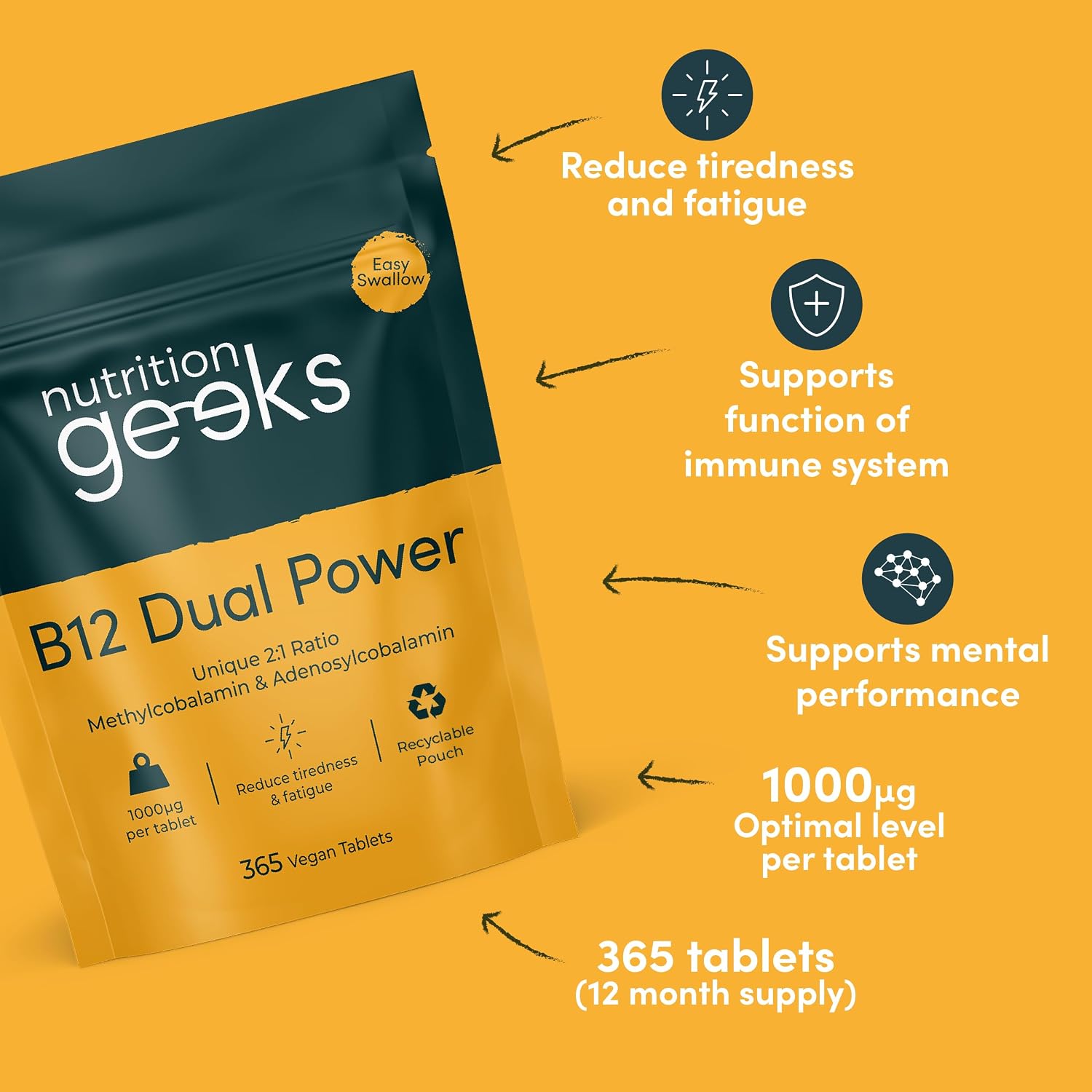 Nutrition Geeks B12 Dual Power, vegan food supplement tablet packaging, no flavour, 365 tablets, daily vitamin supplement use