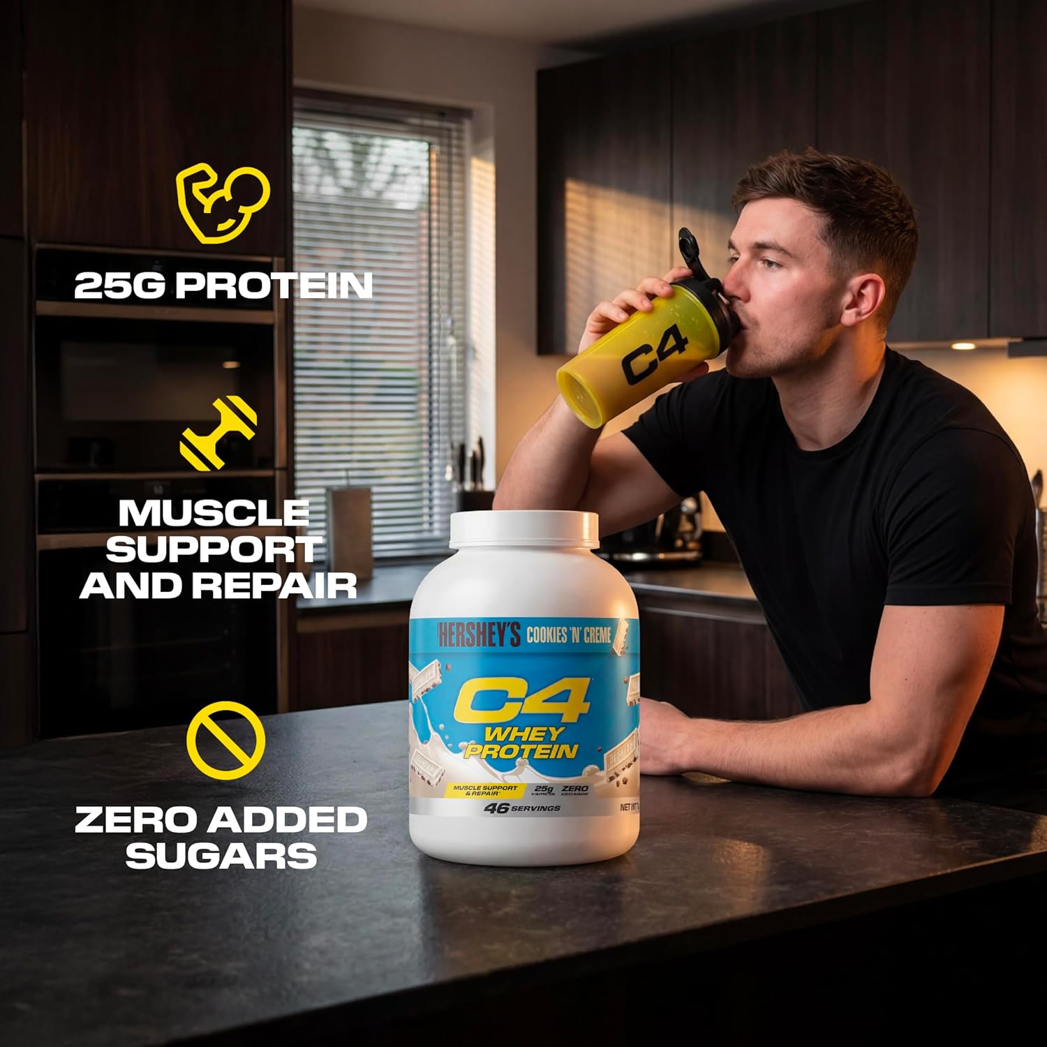 Lifestyle Image: Cellucor C4 whey protein shake cookies cream routine 1.61kg