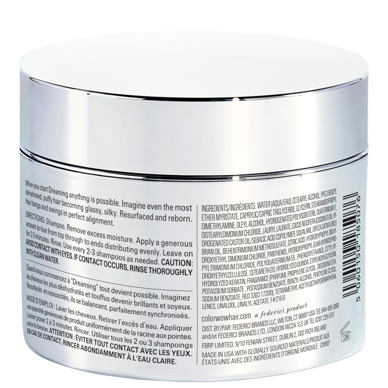 Instructions, barcode and ingredient list for Color Wow Dreaming hair mask.