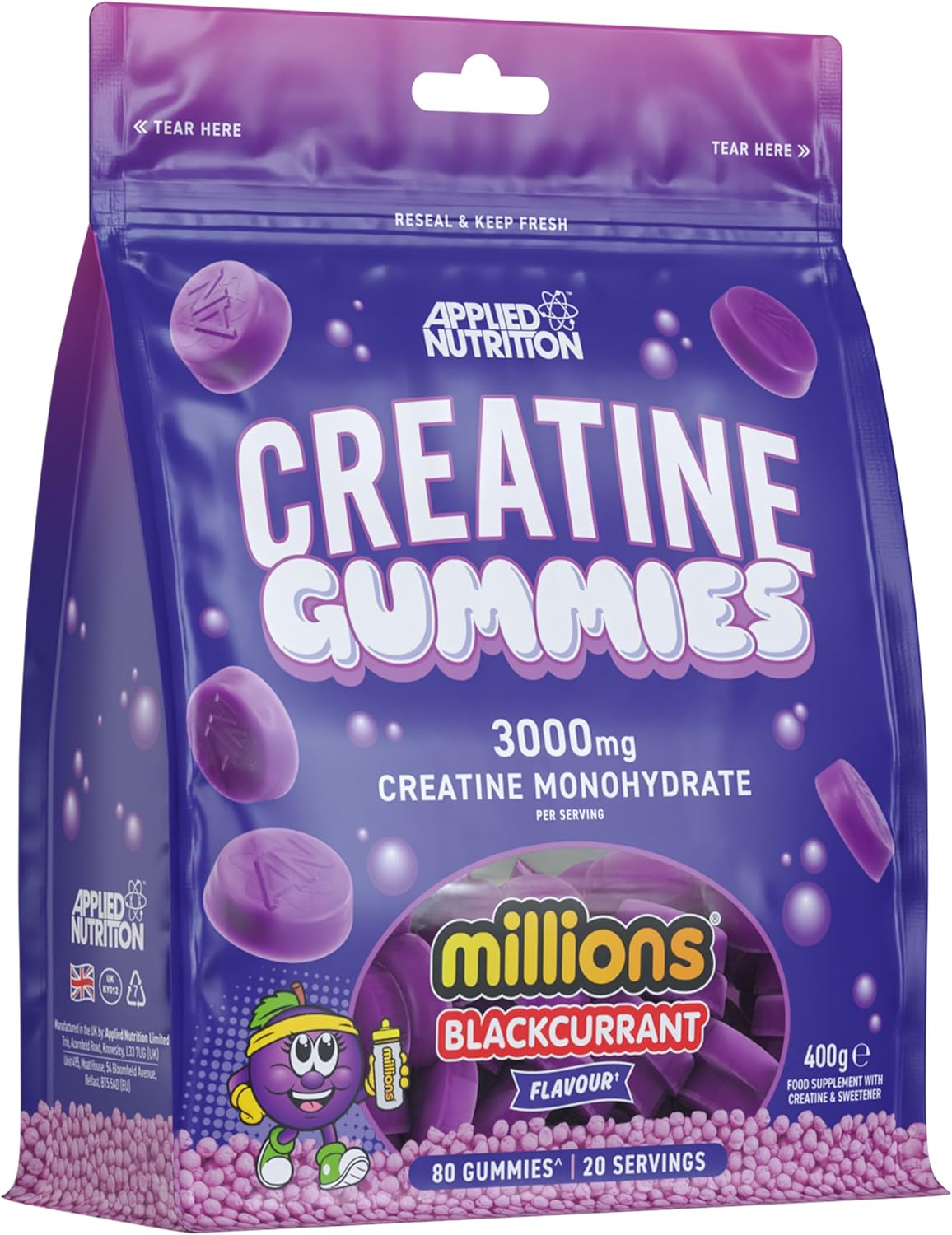 Front image: Applied Nutrition creatine gummies blackcurrant flavour bottle 80 count