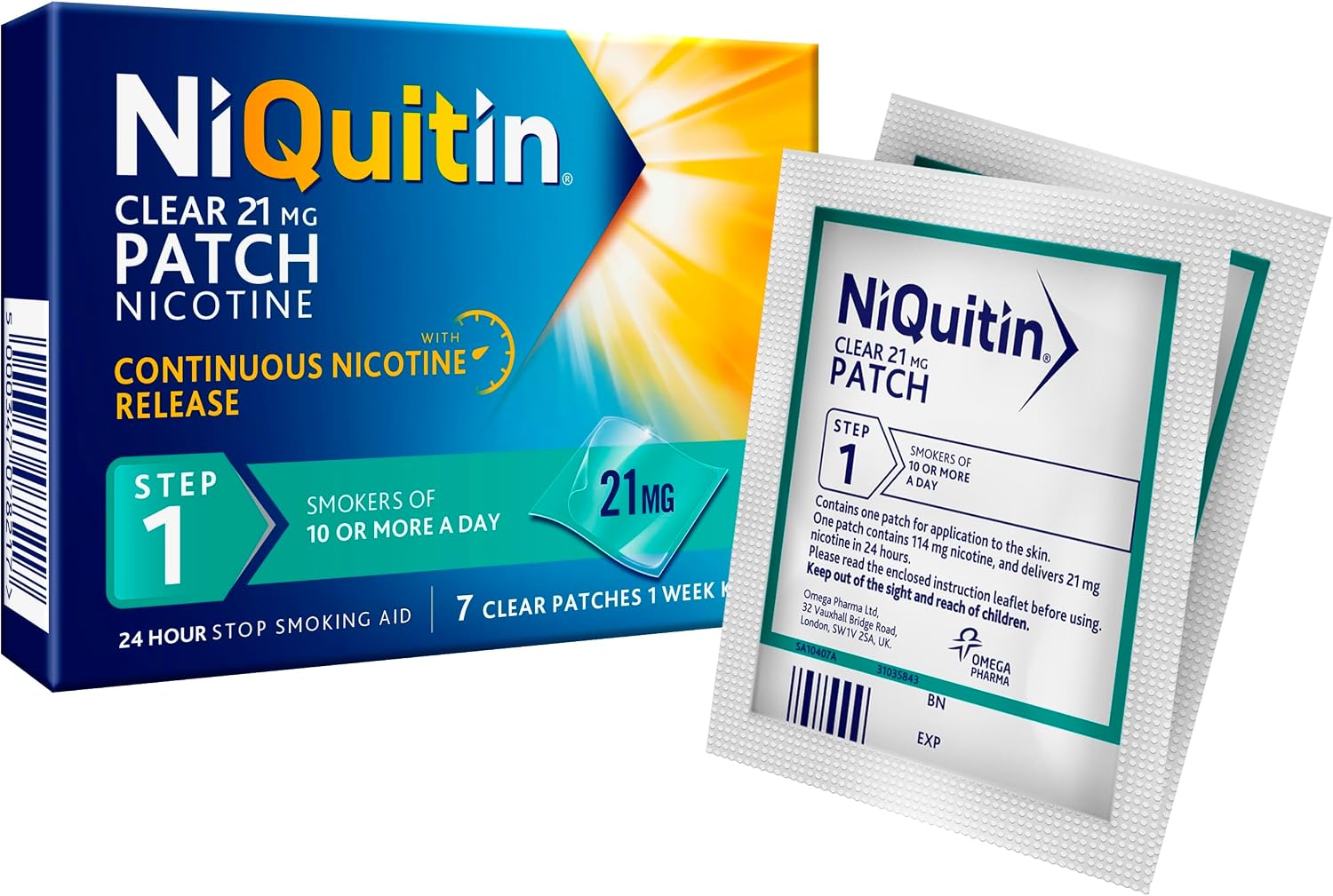 NiQuitin Clear Step 1 Nicotine Patches 21mg product information and ingredients panel