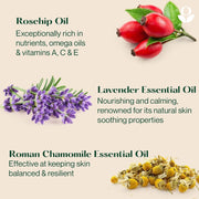 ingredients image: Balmonds Omega Rich Facial Oil 30ml ingredients rosehip lavender vitamin E oils
