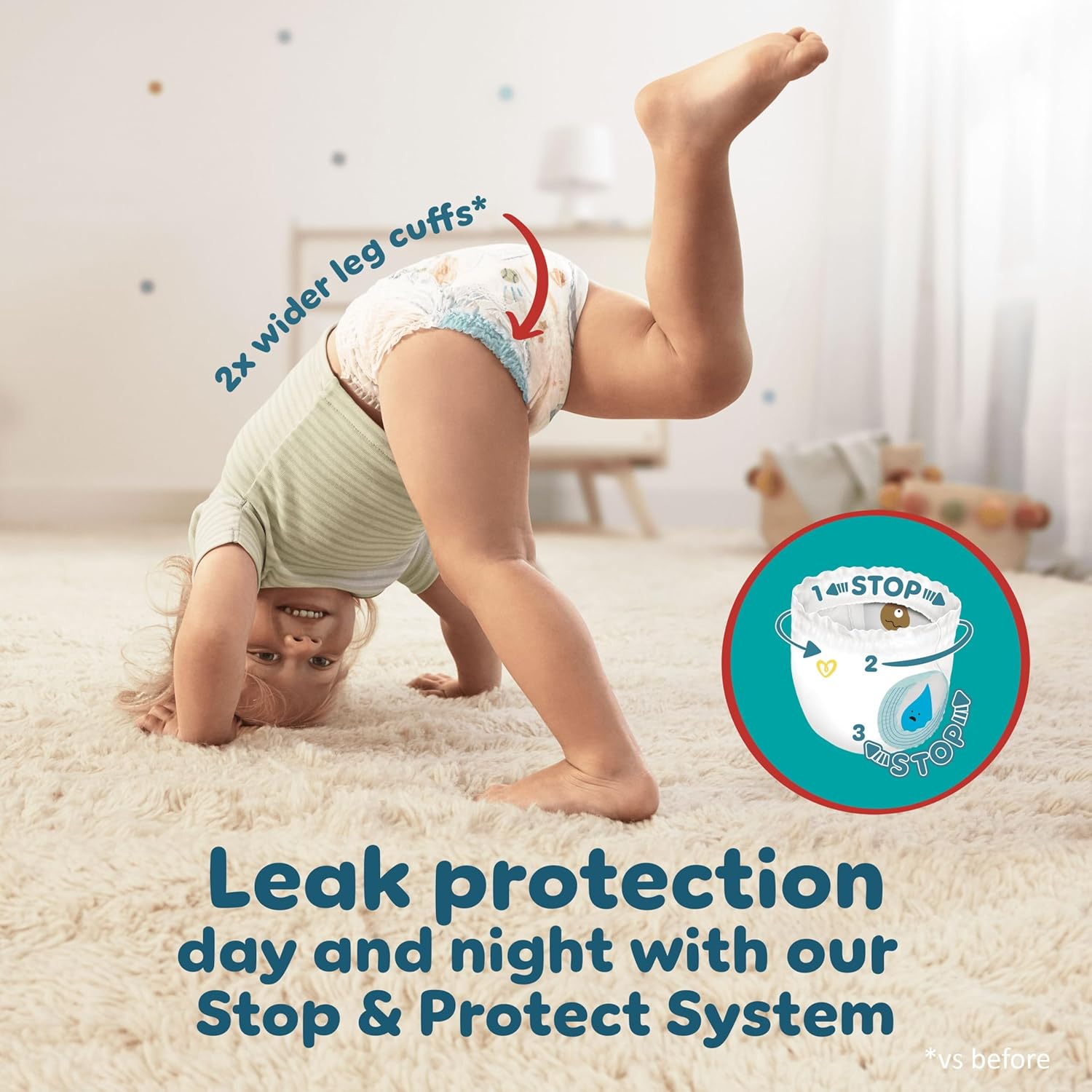 Lifestyle/use image: Pampers Baby-Dry Pants Size 5 64 nappies baby wearing nappy pants