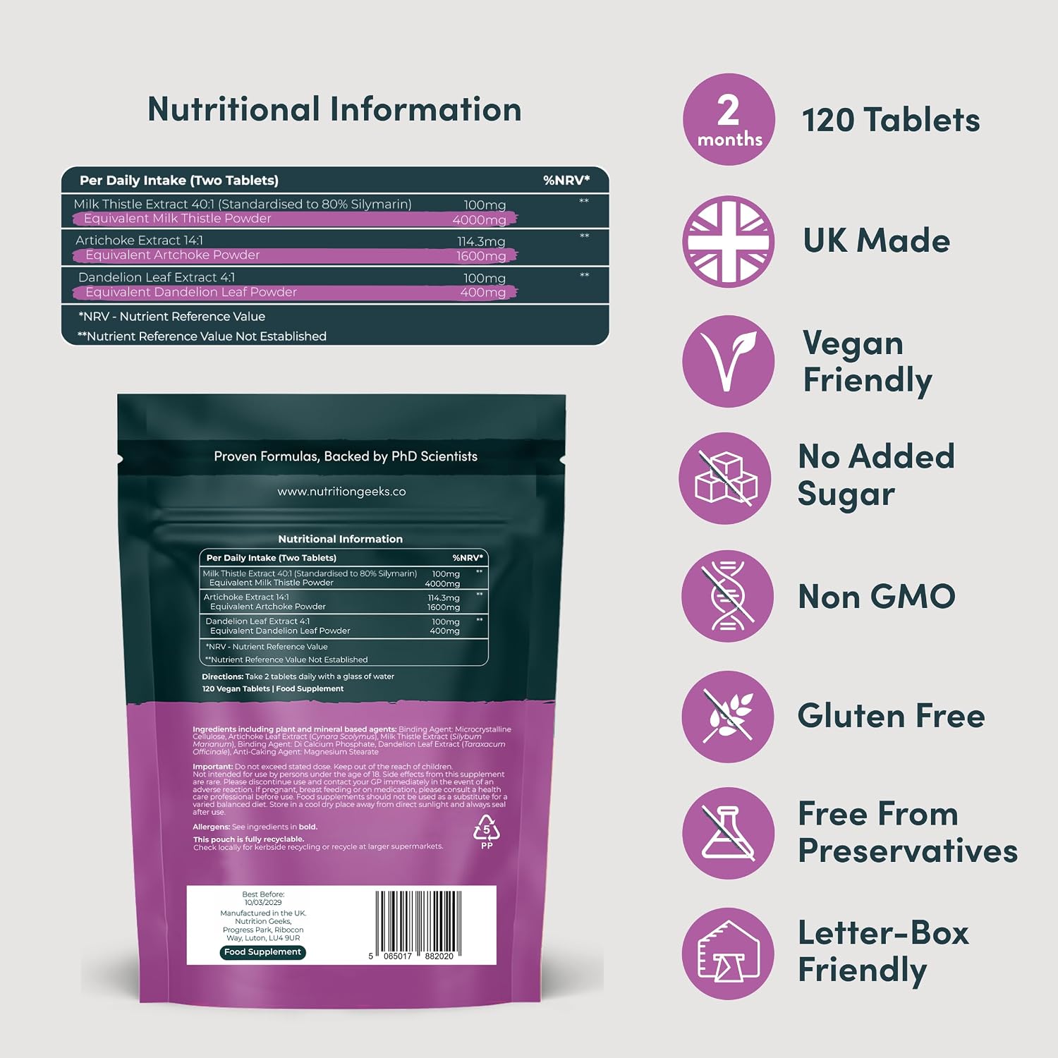 Nutrition Geeks Milk Thistle 3-in-1, vegan food supplement tablet packaging, no flavour, 120 tablets, ingredients and nutritional information & barcode