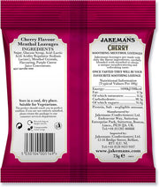 Jakemans Cherry Menthol Lozenges bag packaging cherry flavour 12 x 73g ingredients, barcode and product information panel
