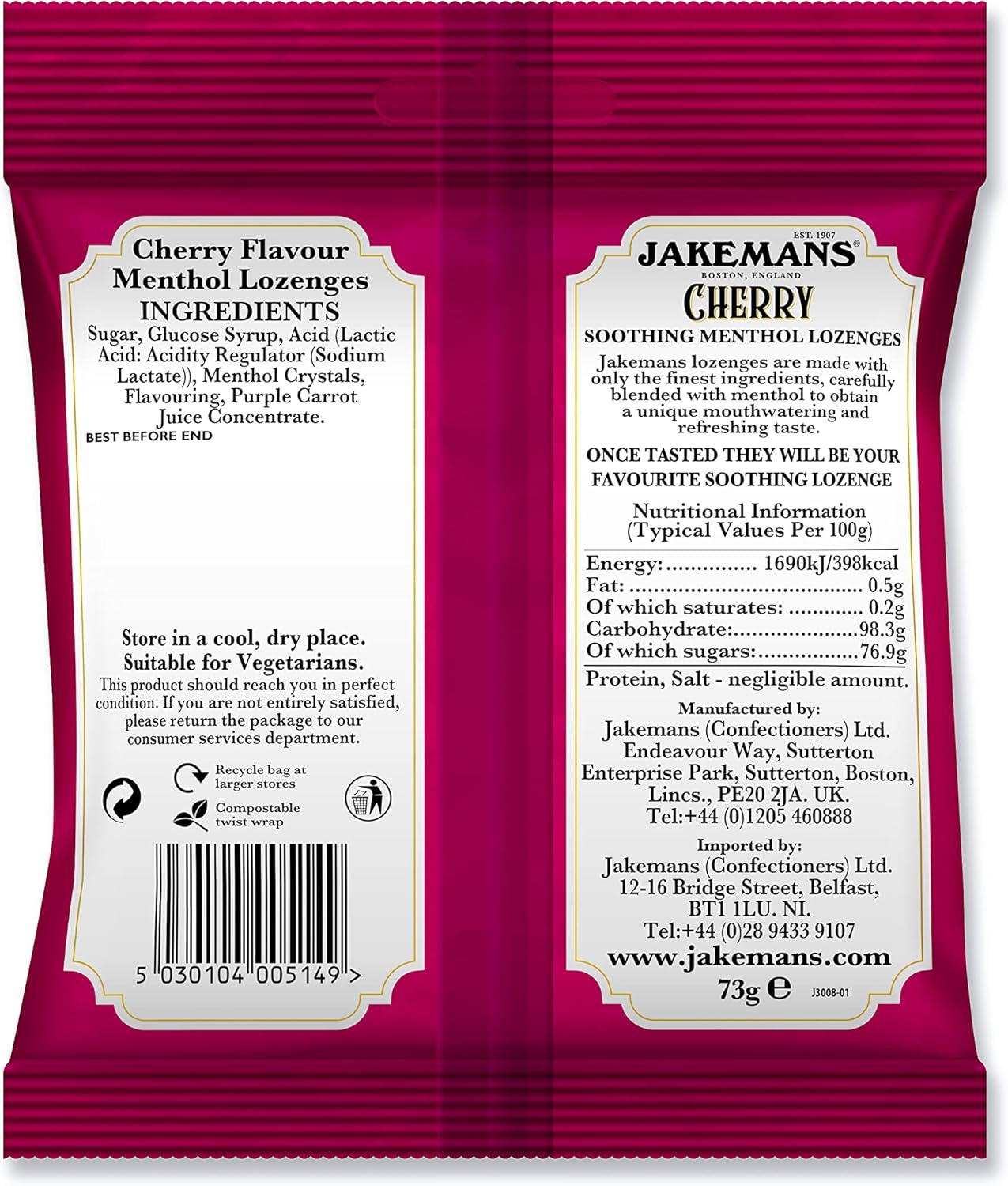 Jakemans Cherry Soothing Menthol Lozenges, bag packaging, cherry flavour, 73g, ingredients information & barcode