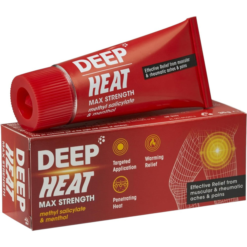 Deep Heat Max Strength Heat Rub Cream, tube and carton packaging, no flavour, 35g & tube