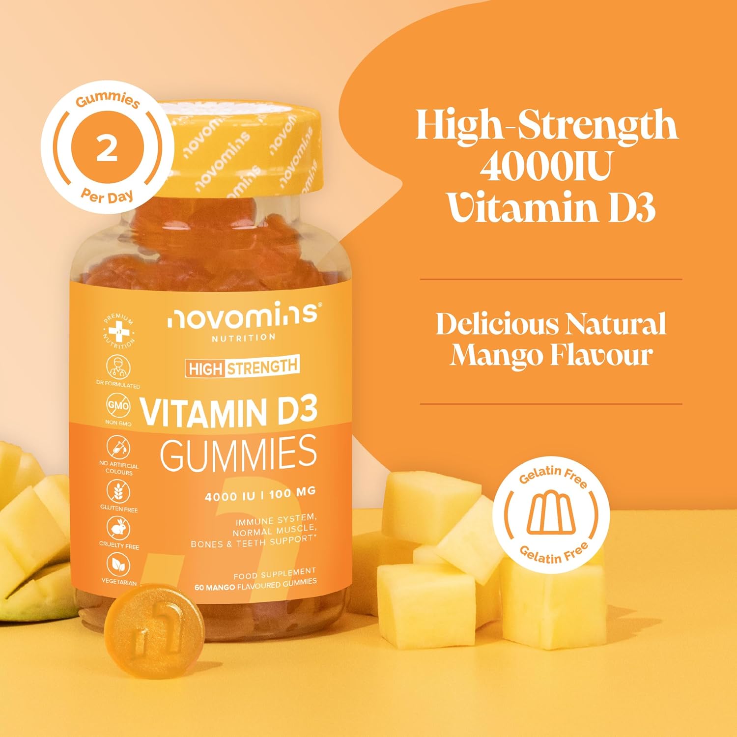 Novomins Vitamin D3 Gummies 4000 IU Mango 60 Count natural mango flavour 2 per day gummies