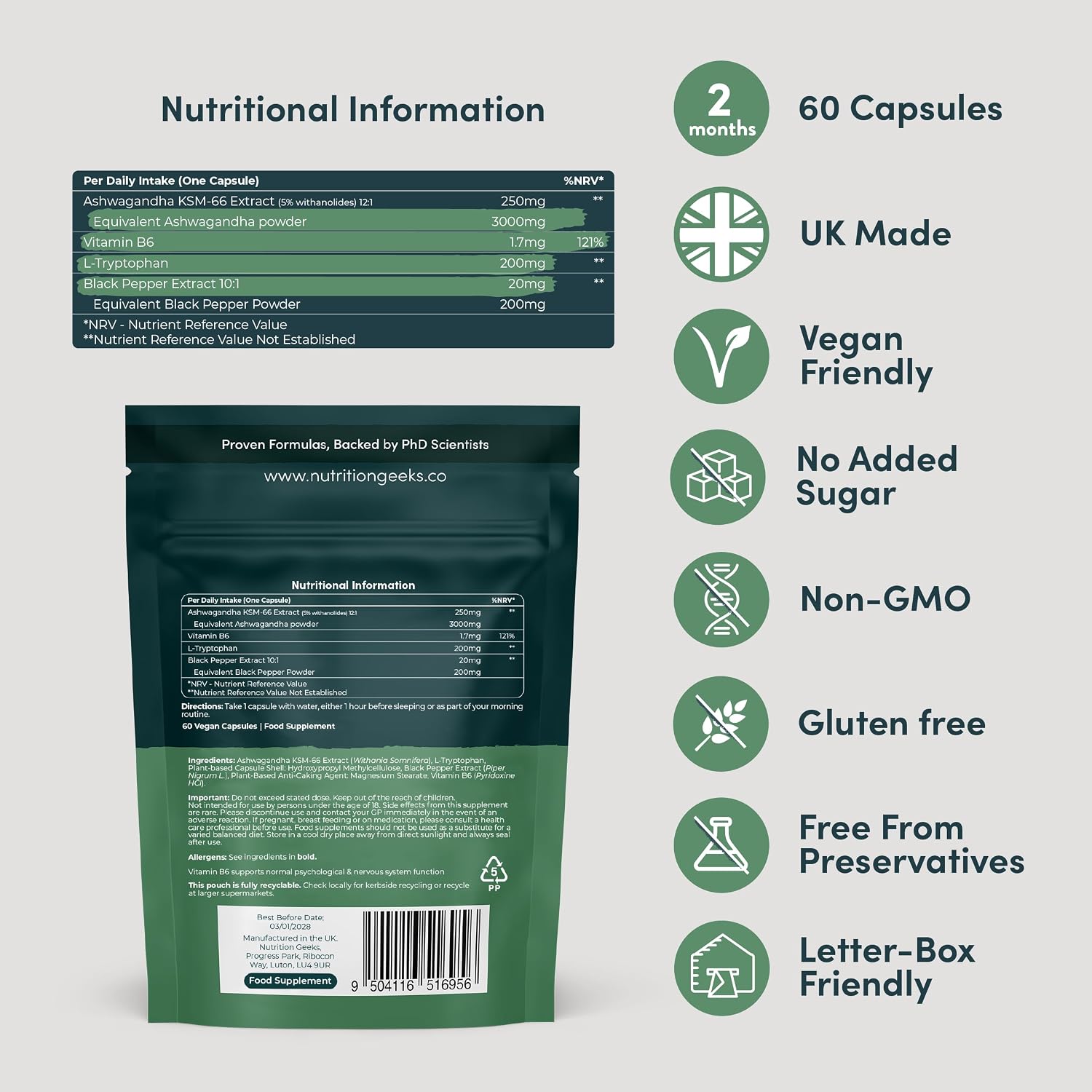 Nutrition Geeks Ashwagandha Calm+ 3000mg, vegan food supplement capsule packaging, no flavour, 60 capsules, ingredients and nutritional information & barcode