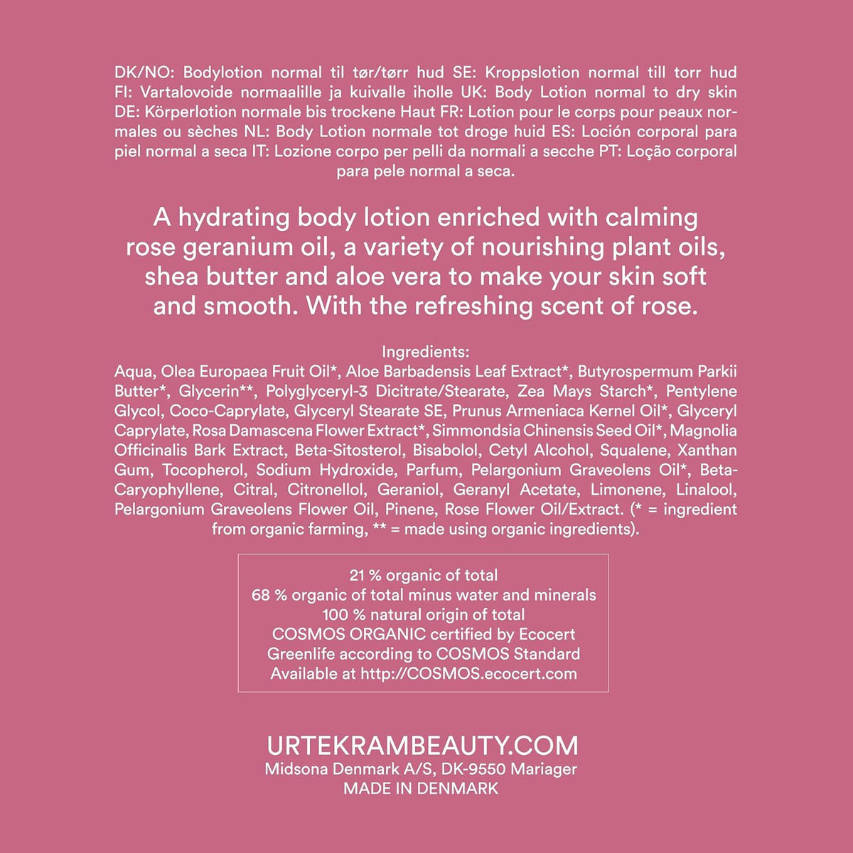 Urtekram Moisturizing Rose Body Lotion 245ml bottle ingredients