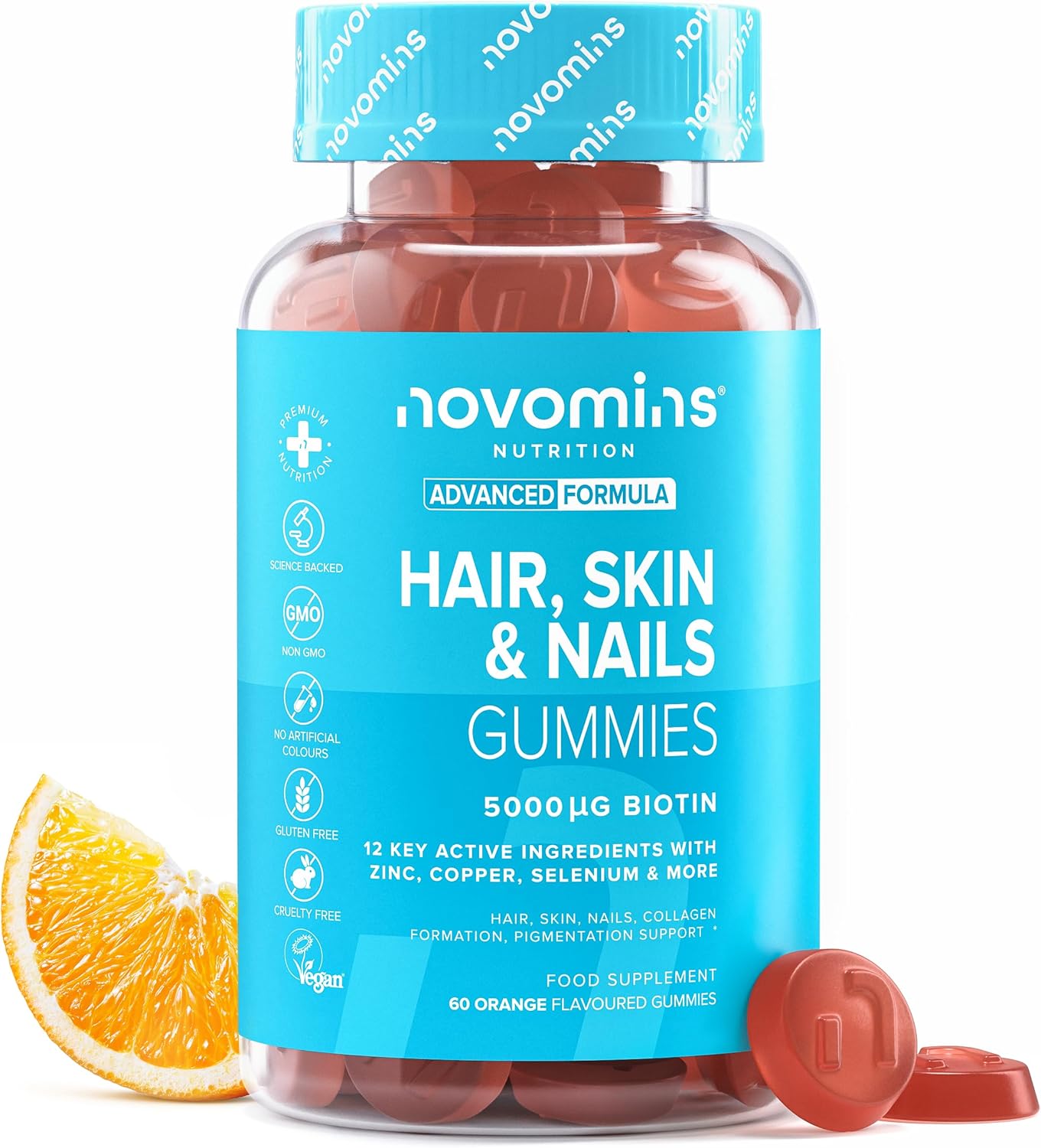 Novomins Hair Skin Nails Gummies Orange 60 Count bottle biotin supplement front view