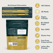 Nutrition Geeks Lion's Mane Focus+ 4000mg, vegan food supplement tablet packaging, no flavour, 180 tablets, ingredients and nutritional information & barcode